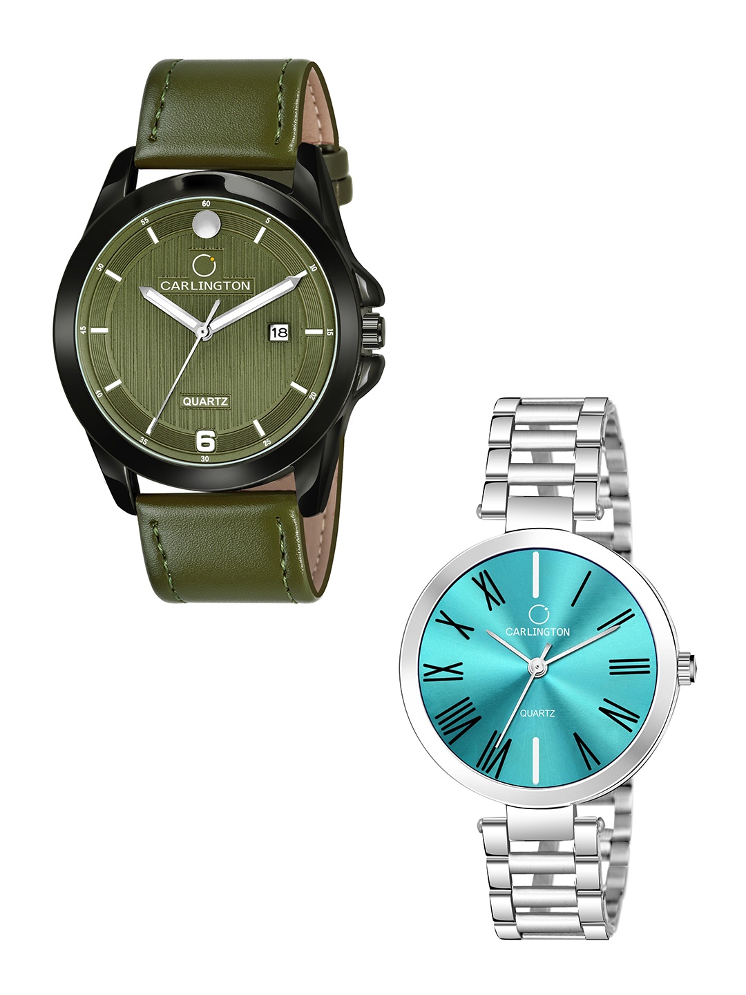 

CARLINGTON Green Dial & Green Leather Straps Analogue Couple Watches CT1040