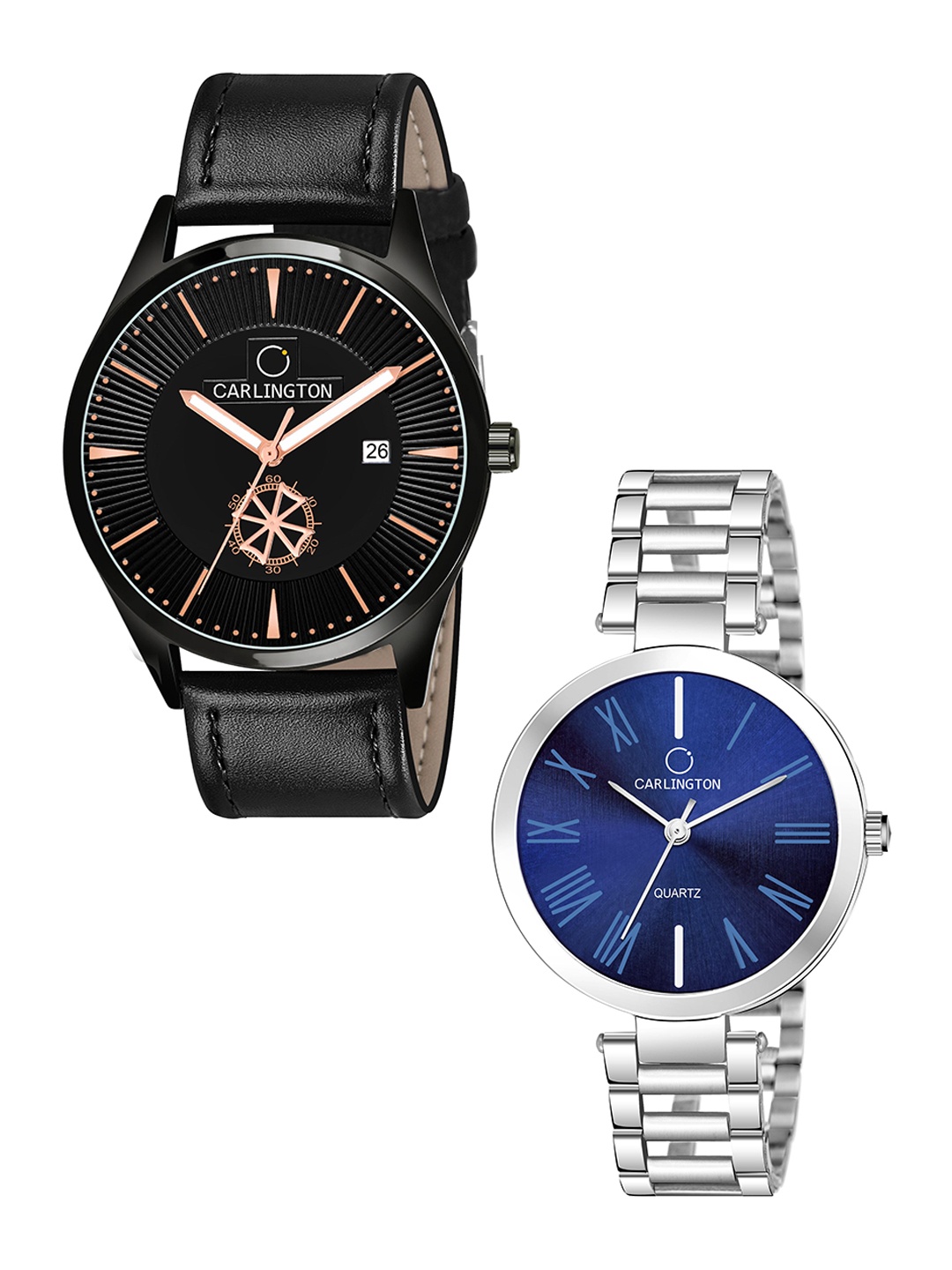

CARLINGTON Black Dial & Black Leather Straps Analogue Couple Watches CT1020