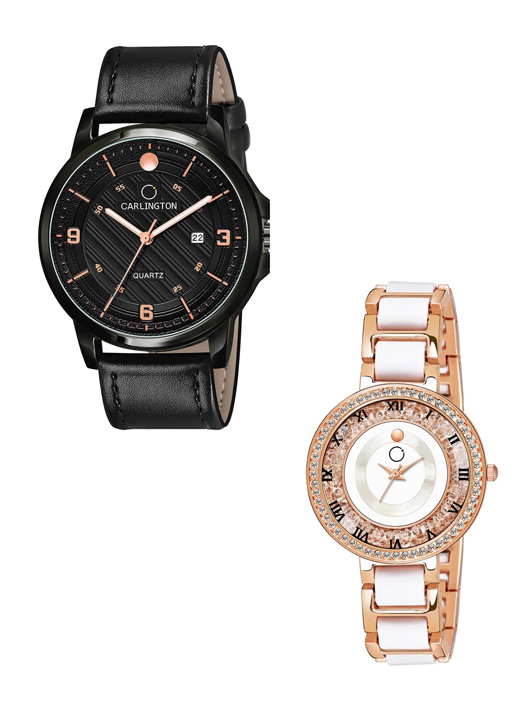 

CARLINGTON Black Dial & Black Leather Straps Analogue Couple Watches CT1050
