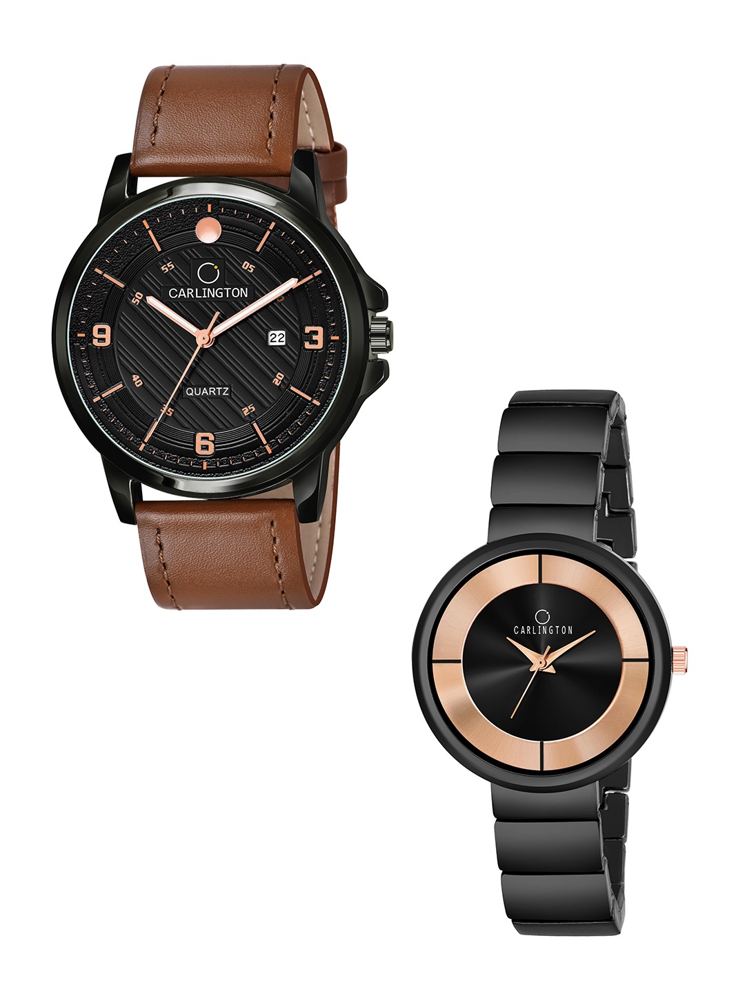 

CARLINGTON Black Dial & Brown Leather Straps Analogue Couple Watches CT1050