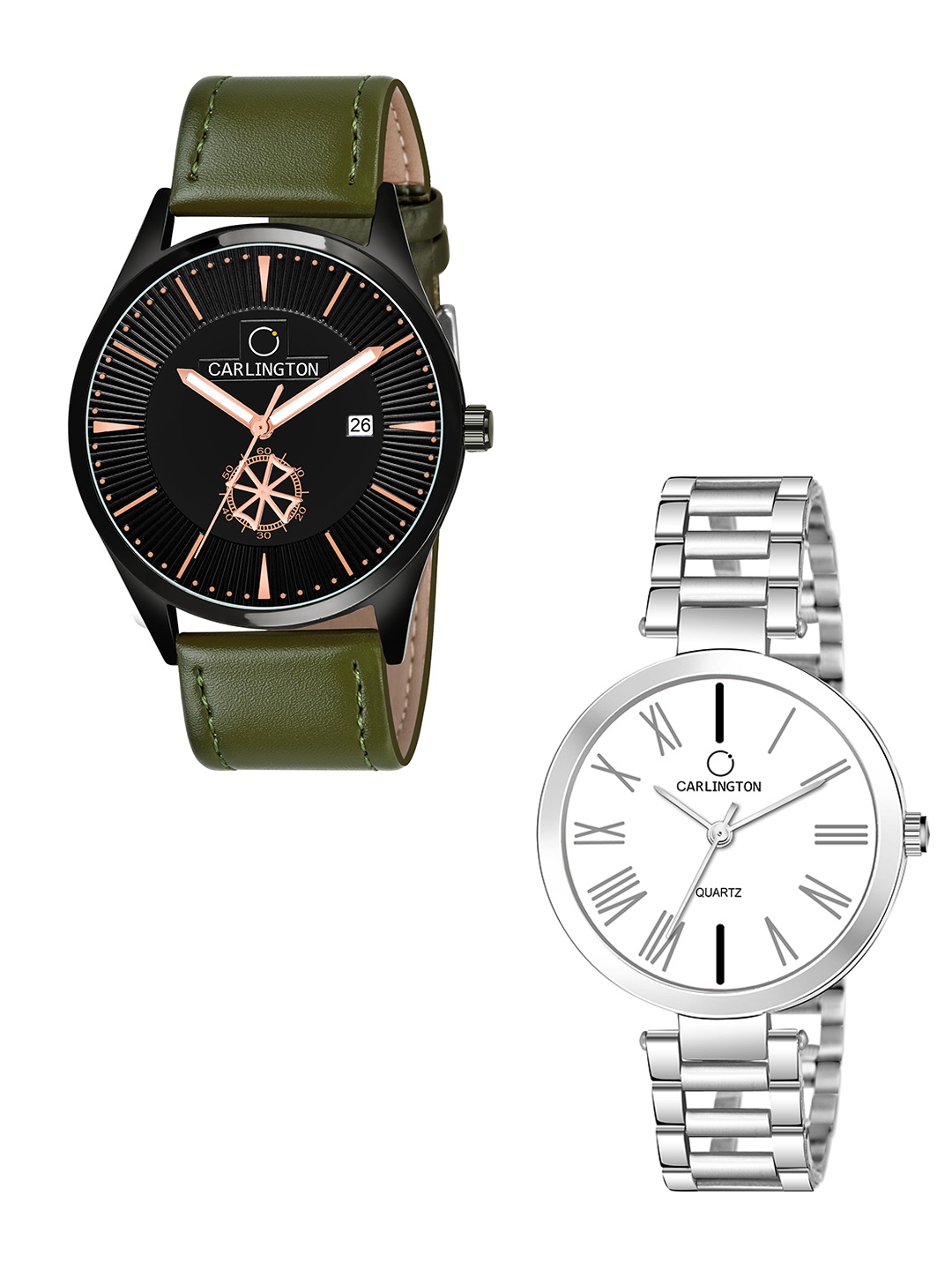 

CARLINGTON Black Dial & Green Leather Straps Analogue Couple Watches CT1020