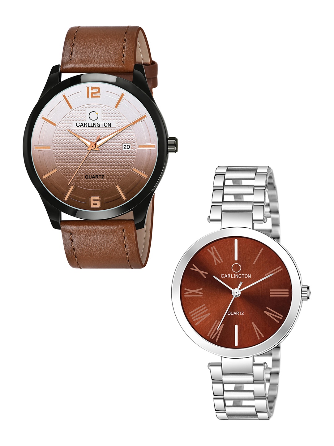 

CARLINGTON Brown Dial & Brown Leather Straps Analogue Couple Watches CT1010