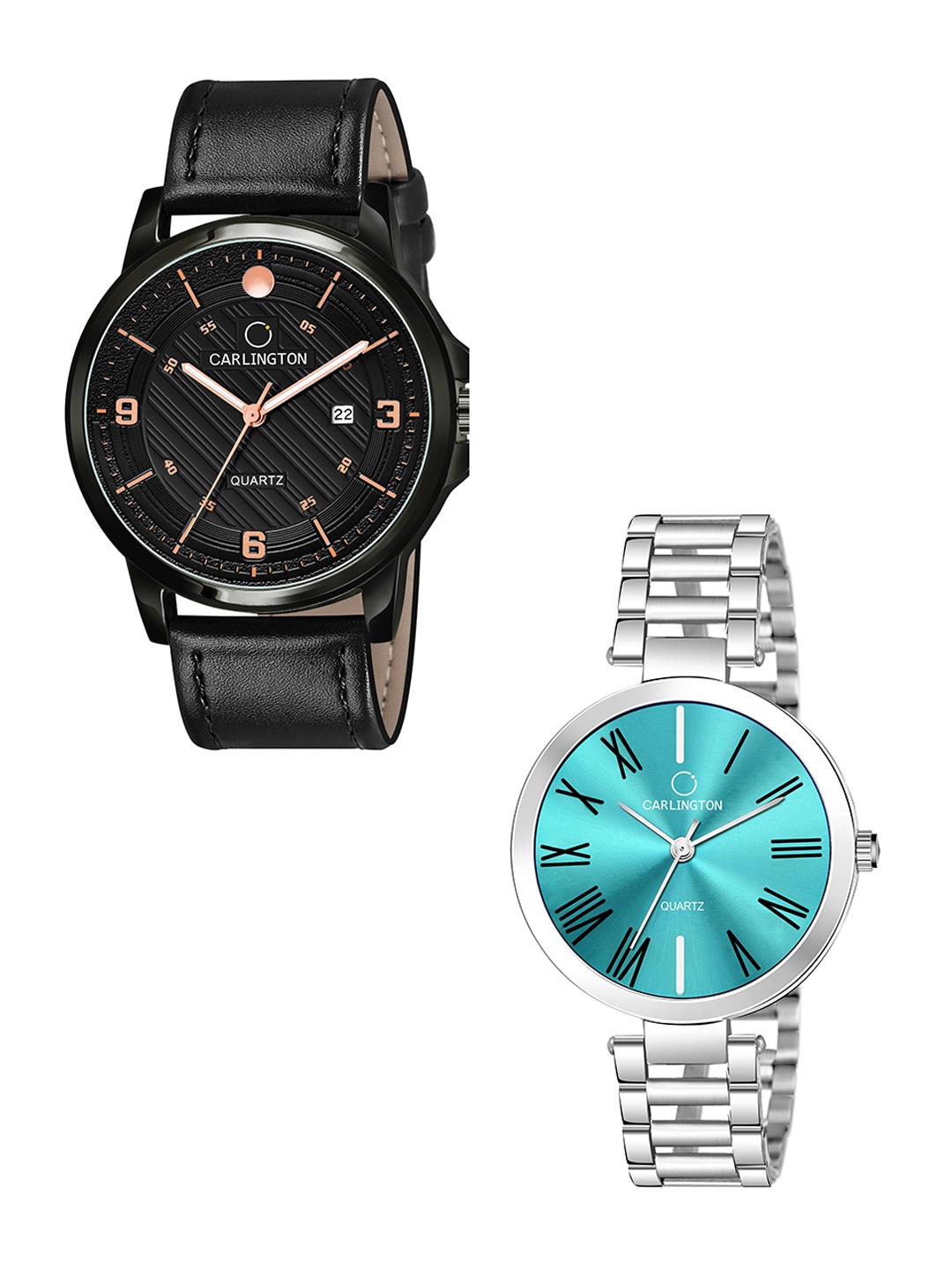 

CARLINGTON Black Dial & Black Leather Straps Analogue Couple Watches CT1050