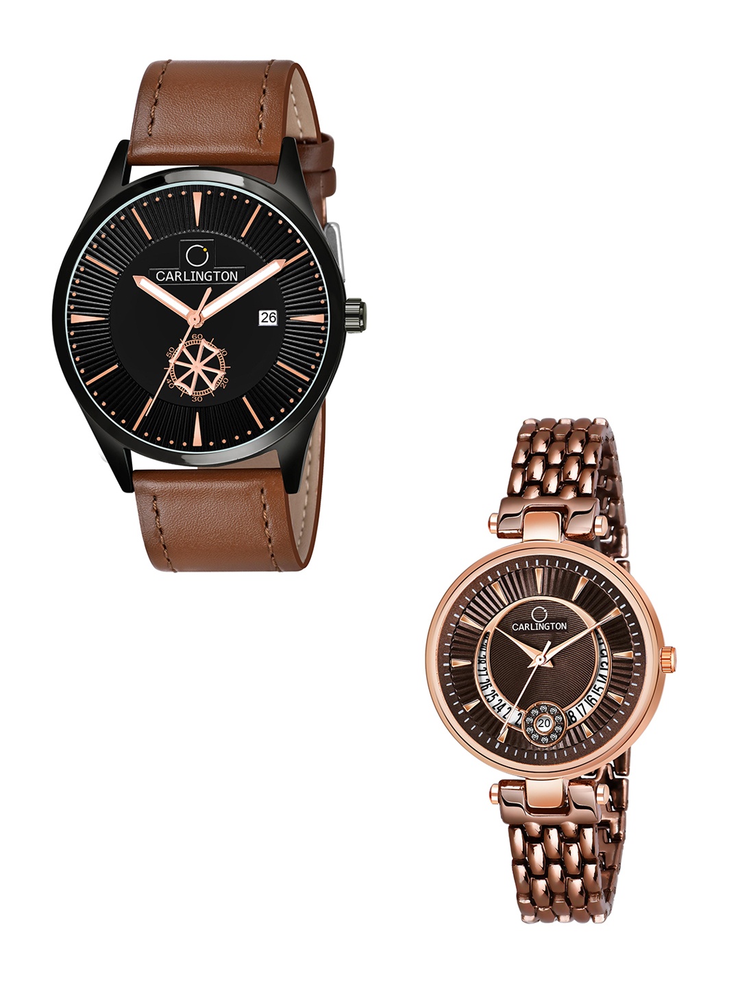 

CARLINGTON Black Dial & Brown Leather Straps Analogue Couple Watches CT1020