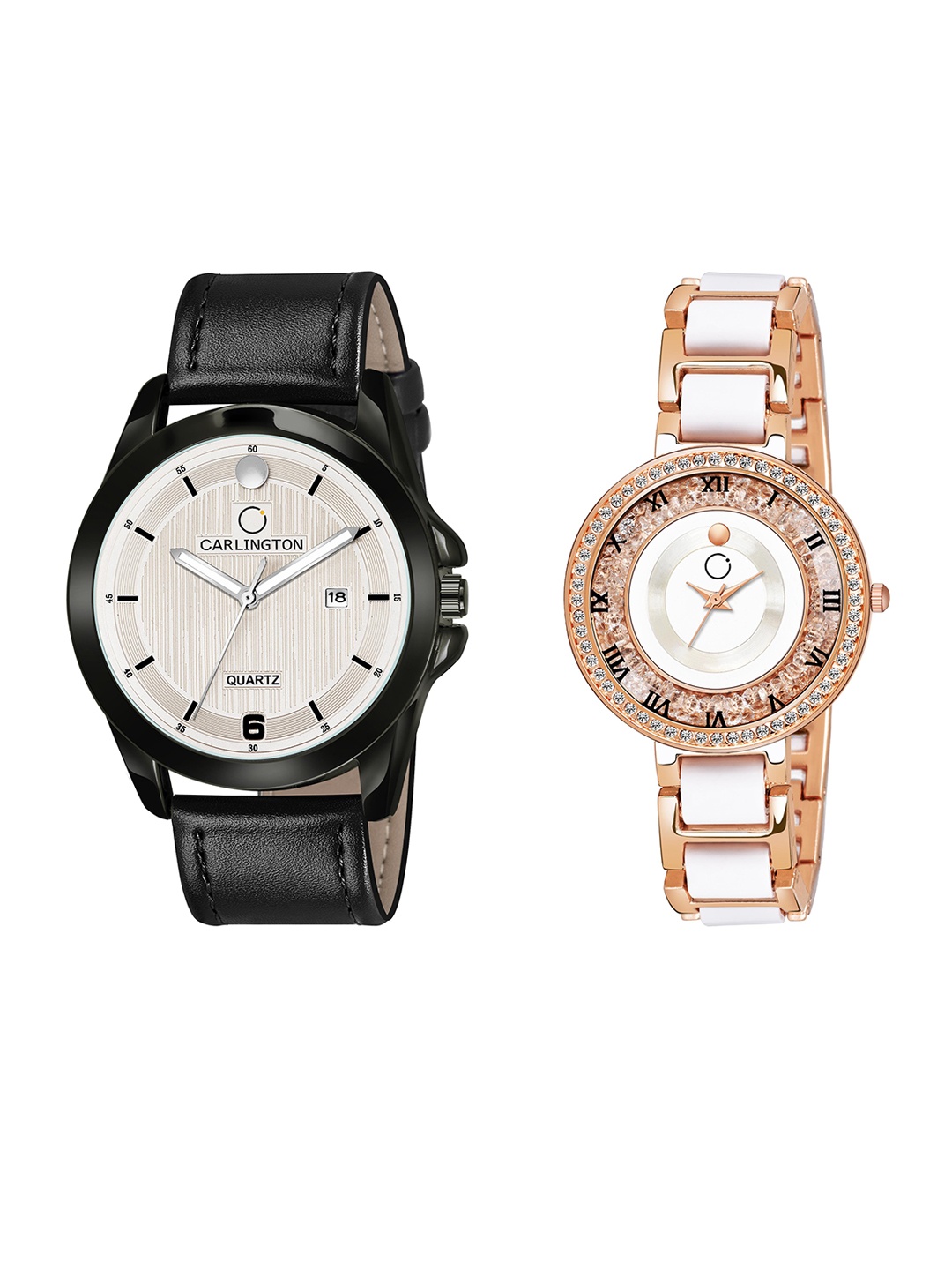 

CARLINGTON Beige Dial & Black Leather Straps Analogue Couple Watches CT1040