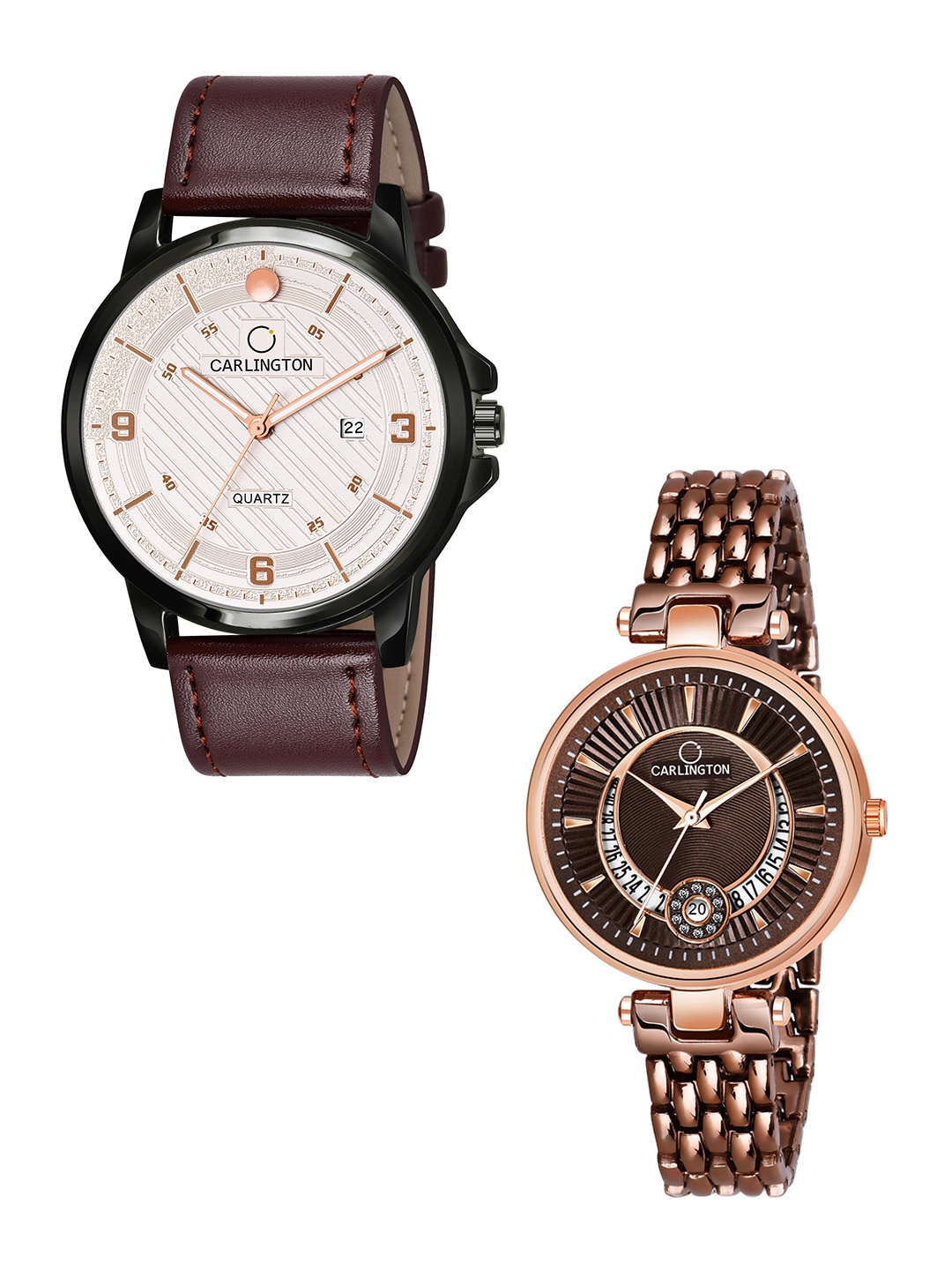 

CARLINGTON Beige Dial & Brown Leather Straps Analogue Couple Watches CT1050