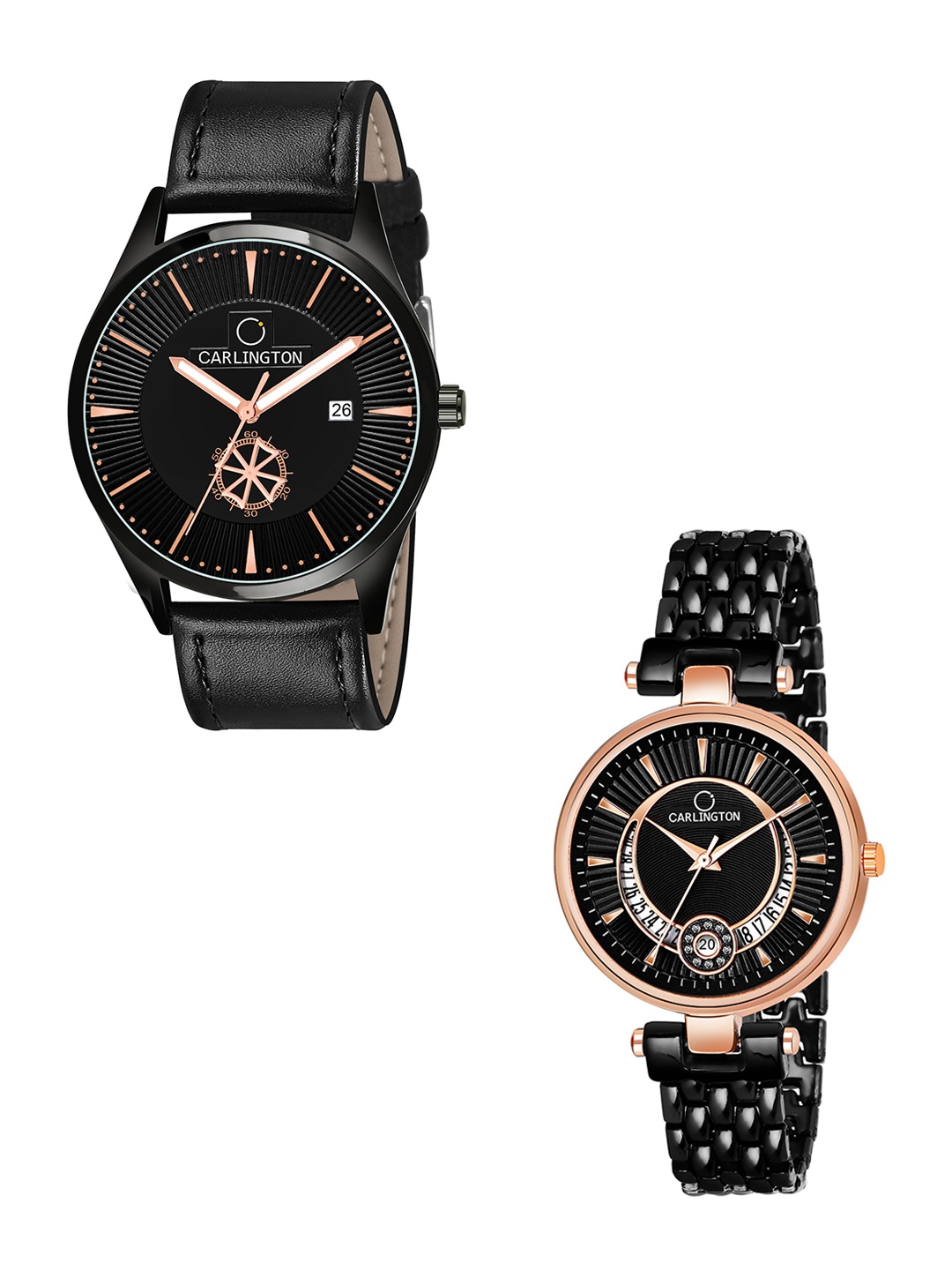 

CARLINGTON Black Dial & Black Leather Straps Analogue Couple Watches CT1020