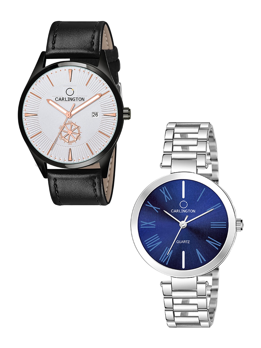 

CARLINGTON White Dial & Black Leather Straps Analogue Couple Watches CT1020