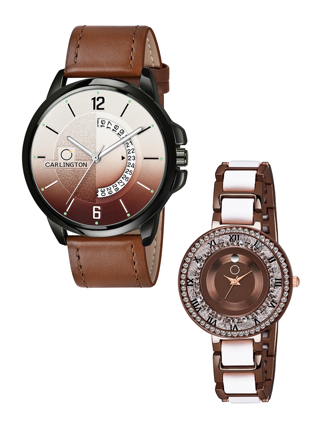 

CARLINGTON Brown Dial & Brown Leather Straps Analogue Couple Watches CT1030
