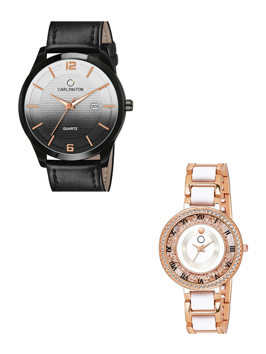 

CARLINGTON Black Dial & Black Leather Straps Analogue Couple Watches CT1010