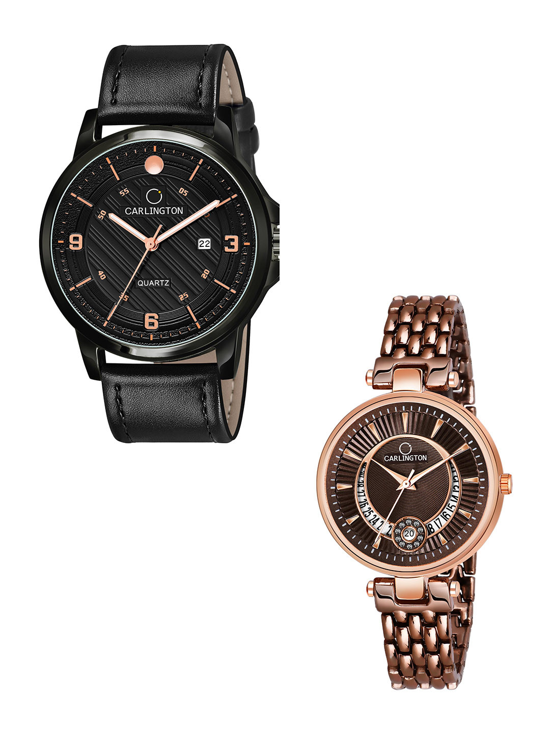 

CARLINGTON Black Dial & Black Leather Straps Analogue Couple Watches CT1050