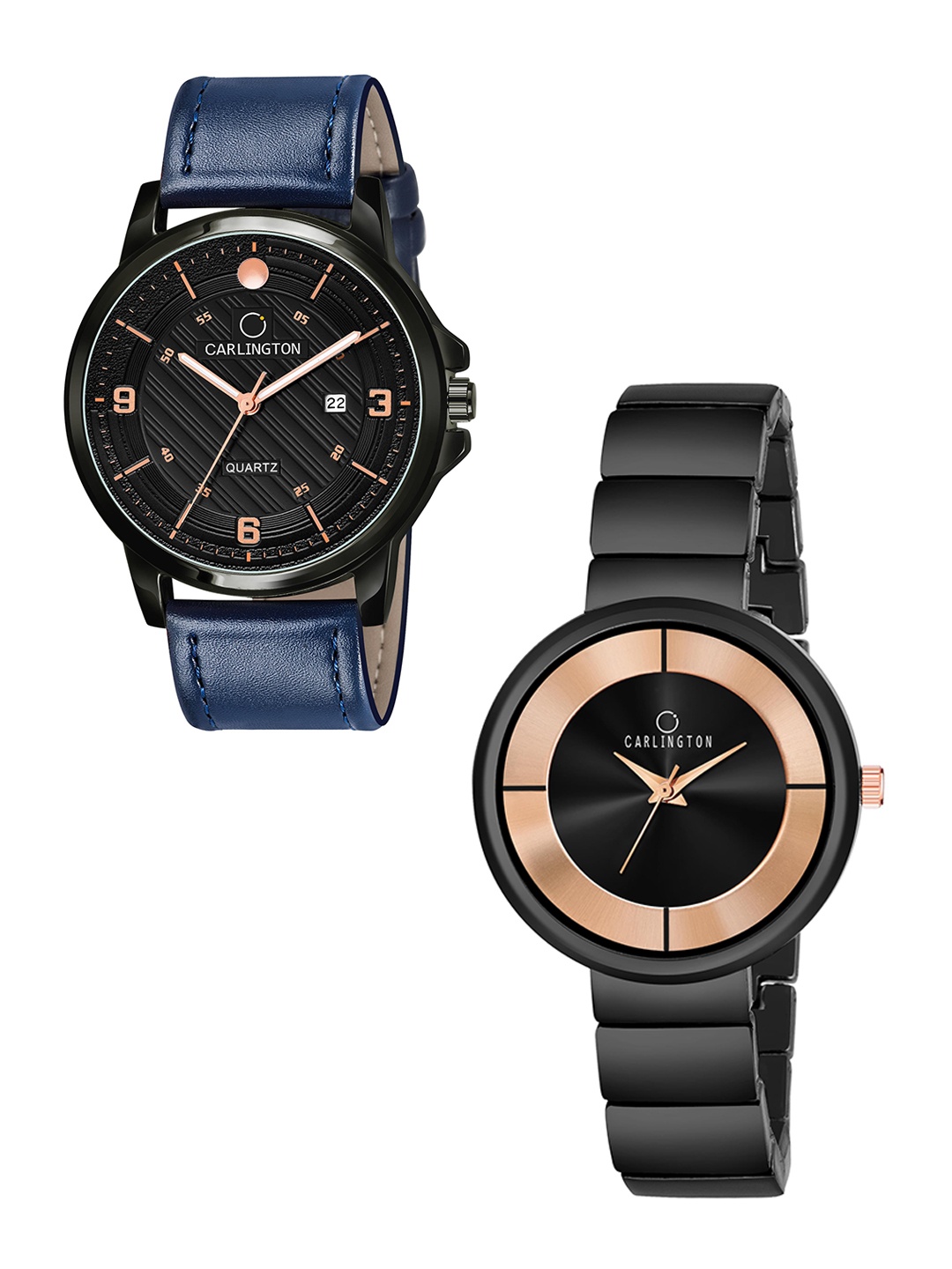 

CARLINGTON Black Dial & Blue Leather Straps Analogue Couple Watches CT1050