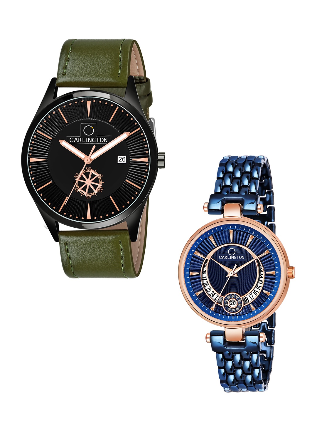 

CARLINGTON Black Dial & Green Leather Straps Analogue Couple Watches CT1020