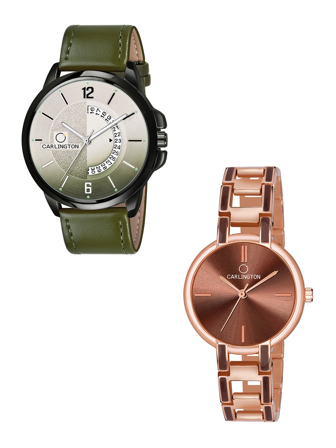 

CARLINGTON Green Dial & Green Leather Straps Analogue Couple Watches CT1030