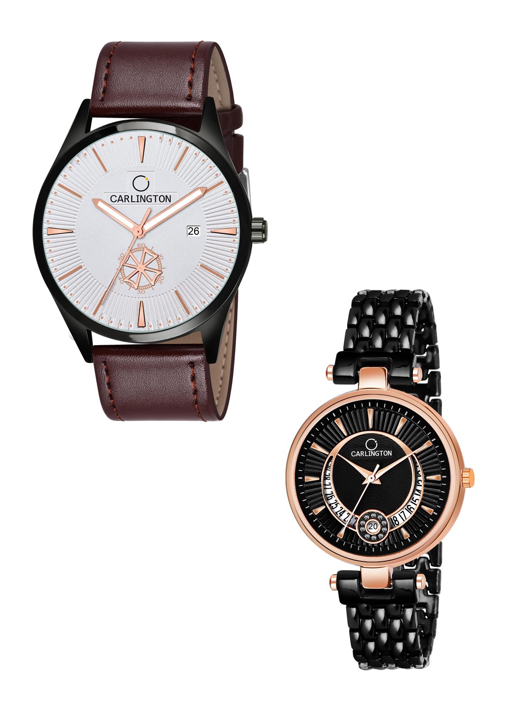 

CARLINGTON White Dial & Brown Leather Straps Analogue Couple Watches CT1020