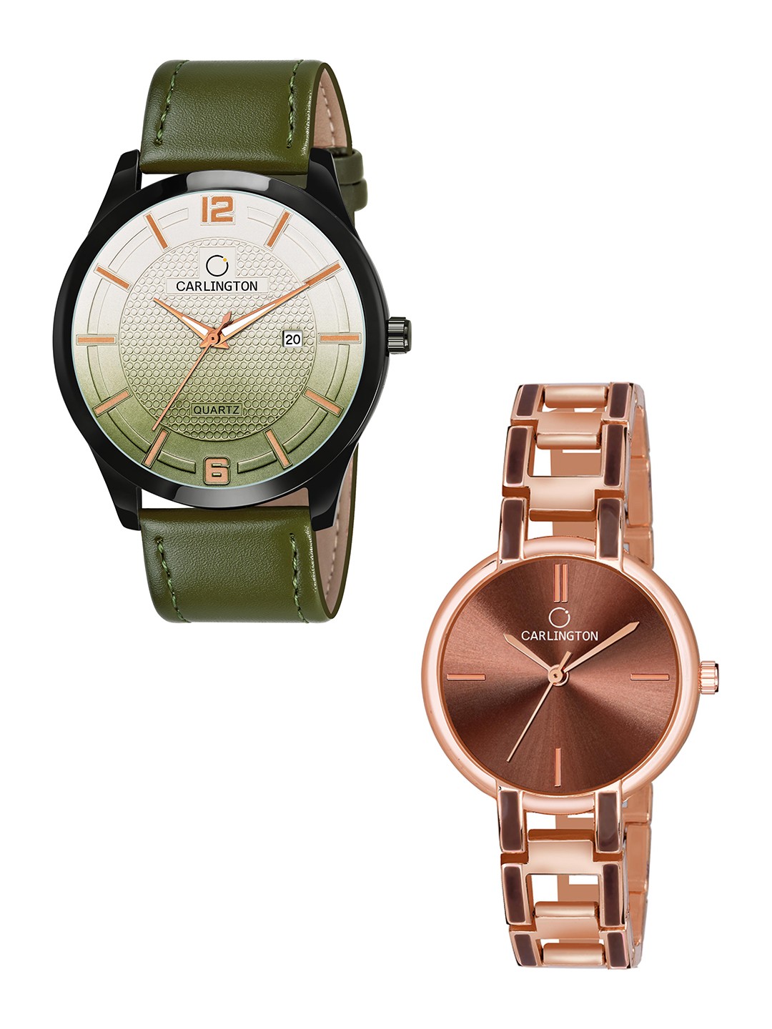 

CARLINGTON Green Dial & Green Leather Straps Analogue Couple Watches CT1010