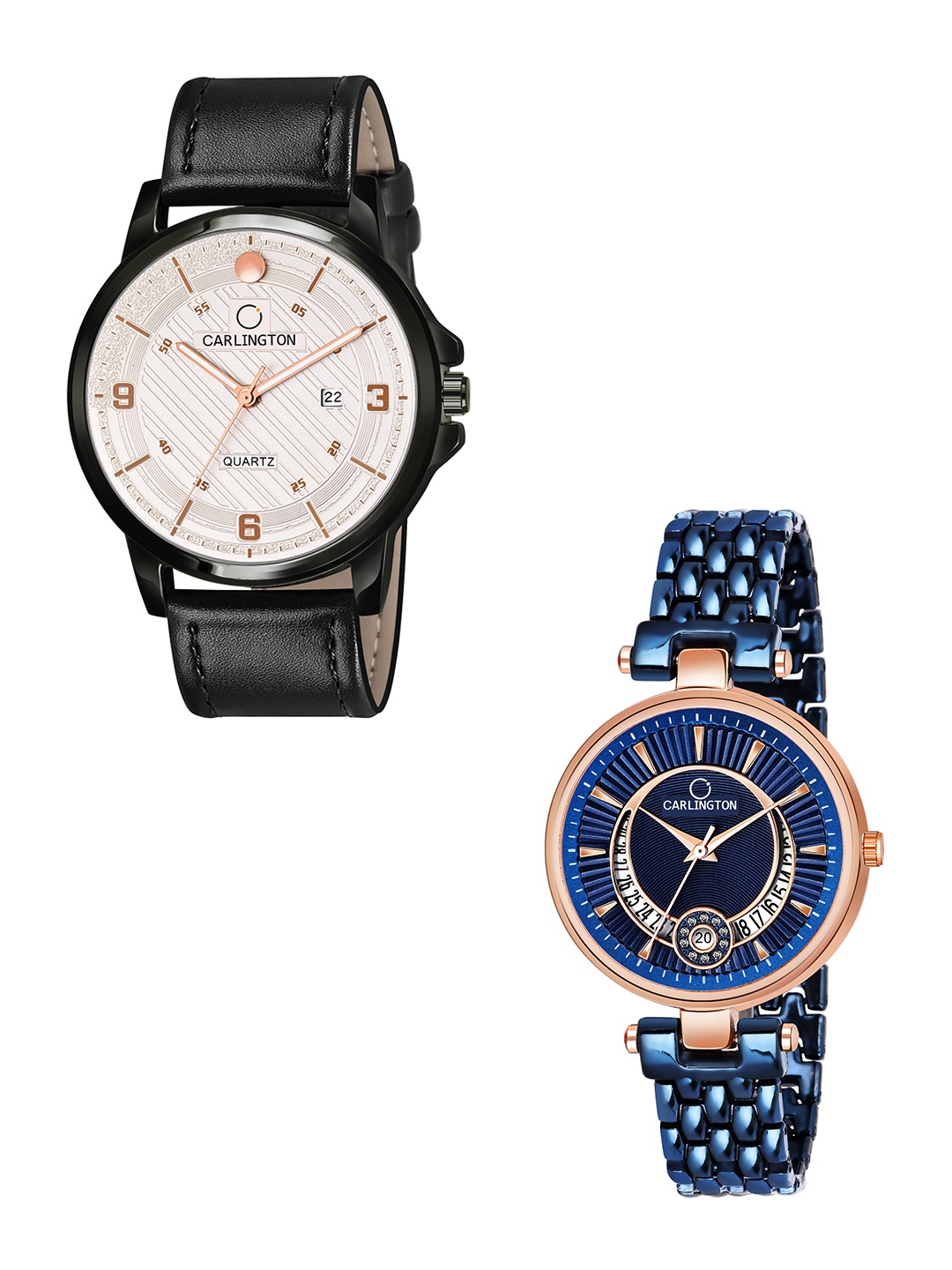 

CARLINGTON White Dial & Black Leather Straps Analogue Couple Watches CT1050