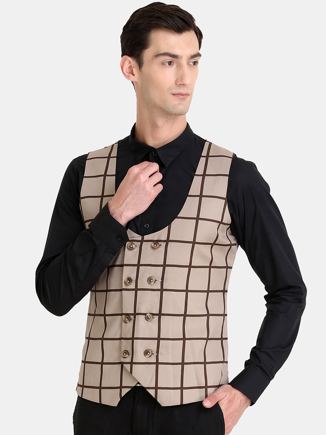 

Raas Men Beige & Brown Checked Double Breasted Waistcoat
