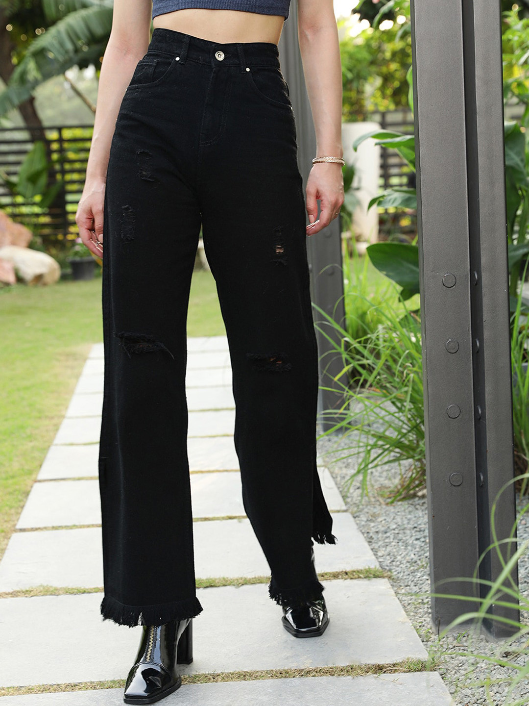 

STREET 9 Women Black Flared High-Rise Mildly Distressed Jeans