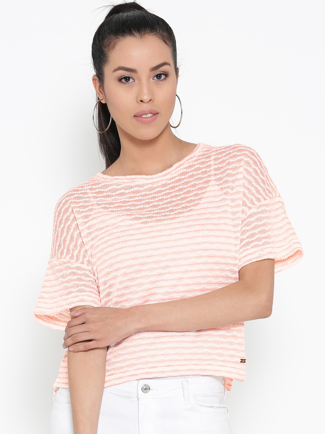 

Park Avenue Women Orange & White Striped Semi-Sheer Boxy Top