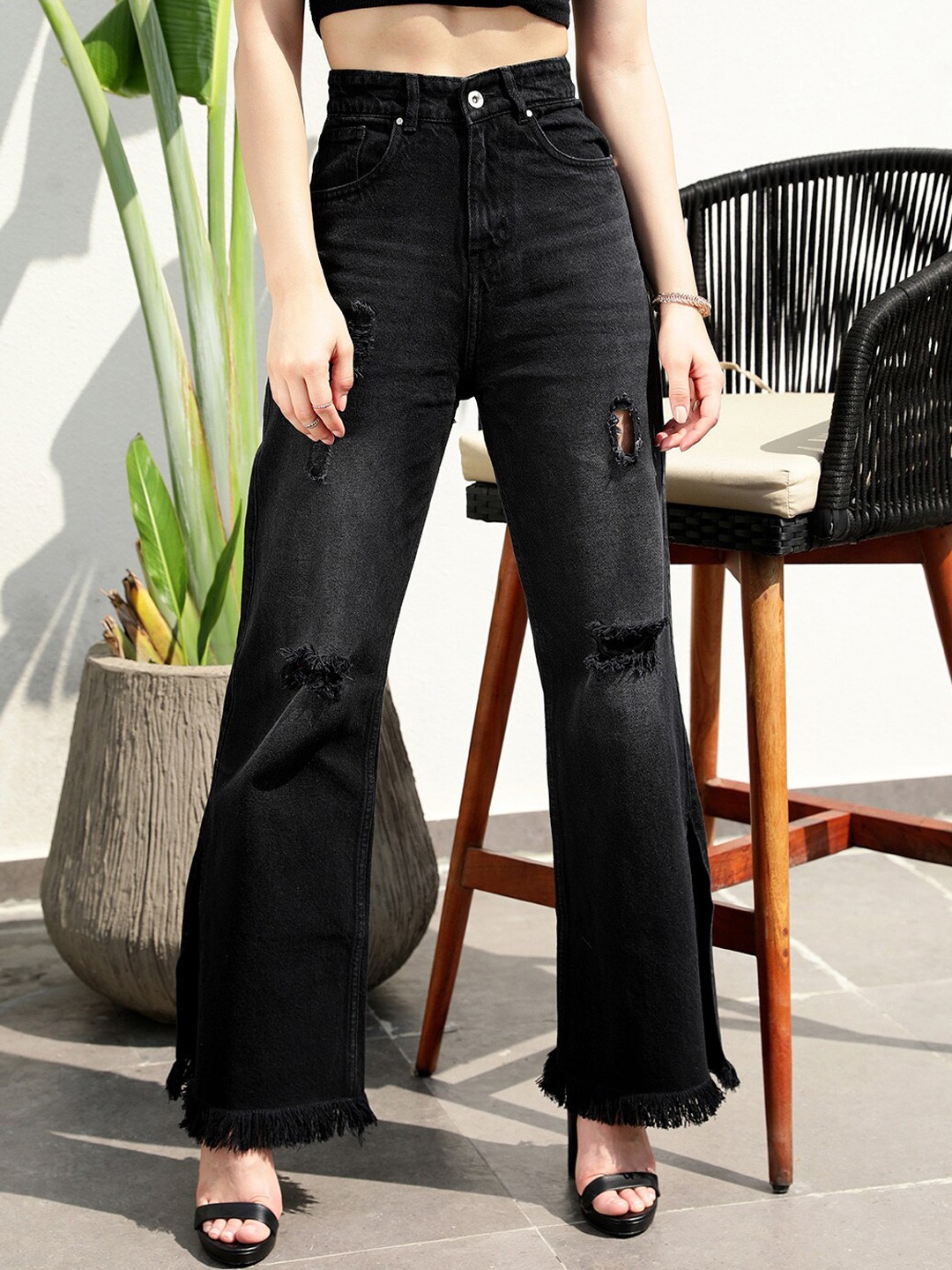 

STREET 9 Women Black Flared High-Rise Mildly Distressed Light Fade Dark Shade Jeans