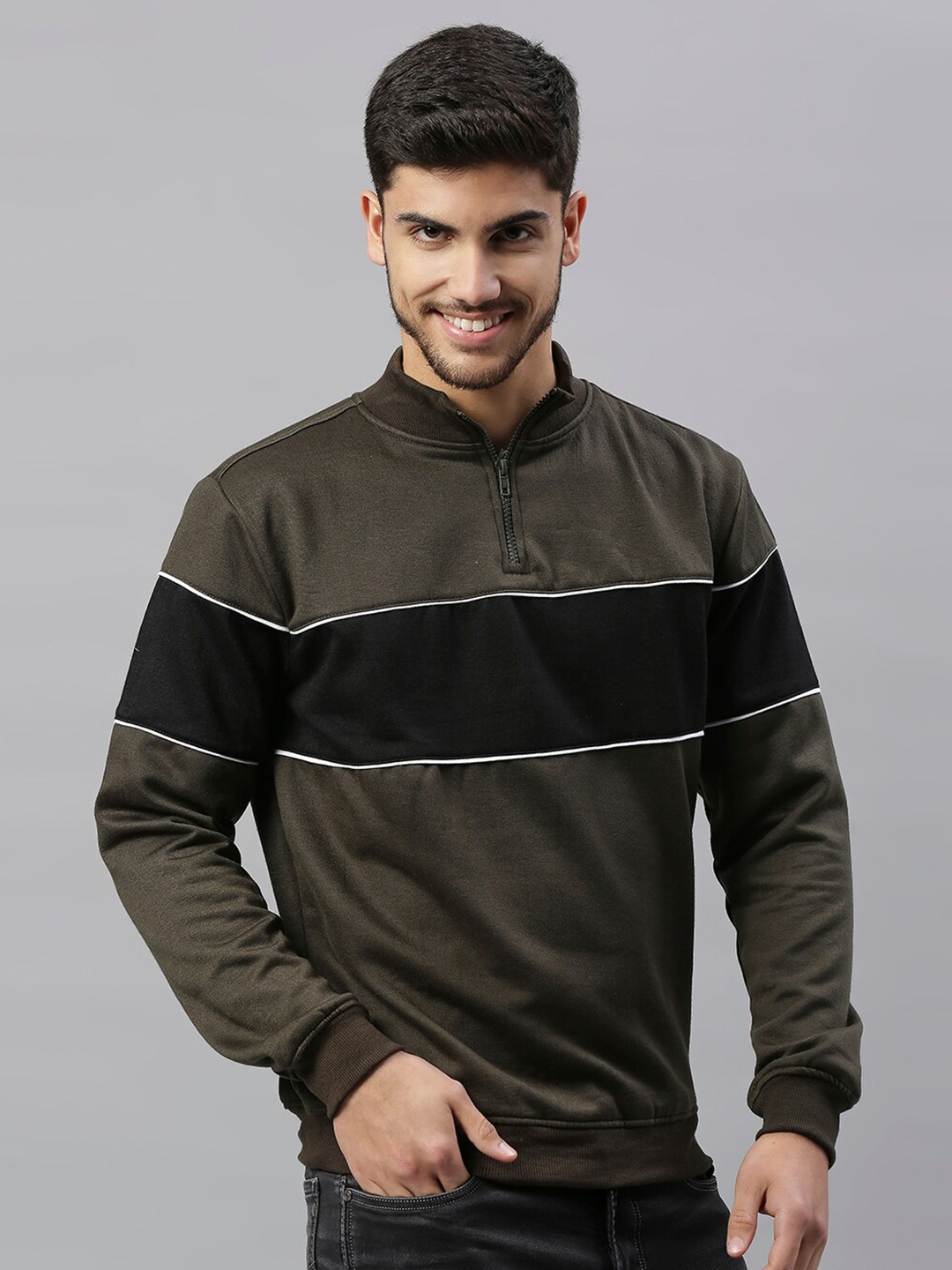 

Dennis Lingo Men Striped Mock Collar Knitted Cotton Sweatshirt, Olive
