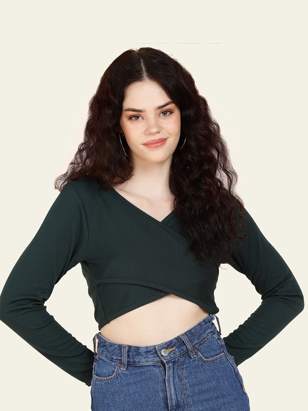 

DressBerry Women Green Wrap Crop Pure Cotton Top