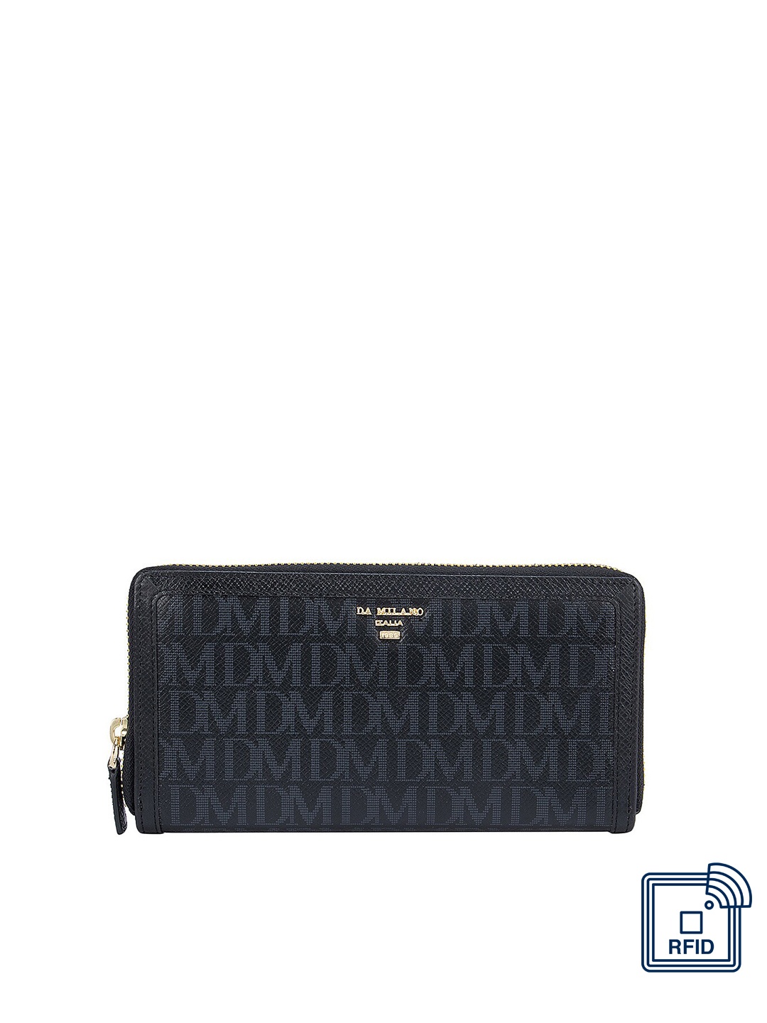 

Da Milano Women Black Typography Textured Leather Zip Around Wallet