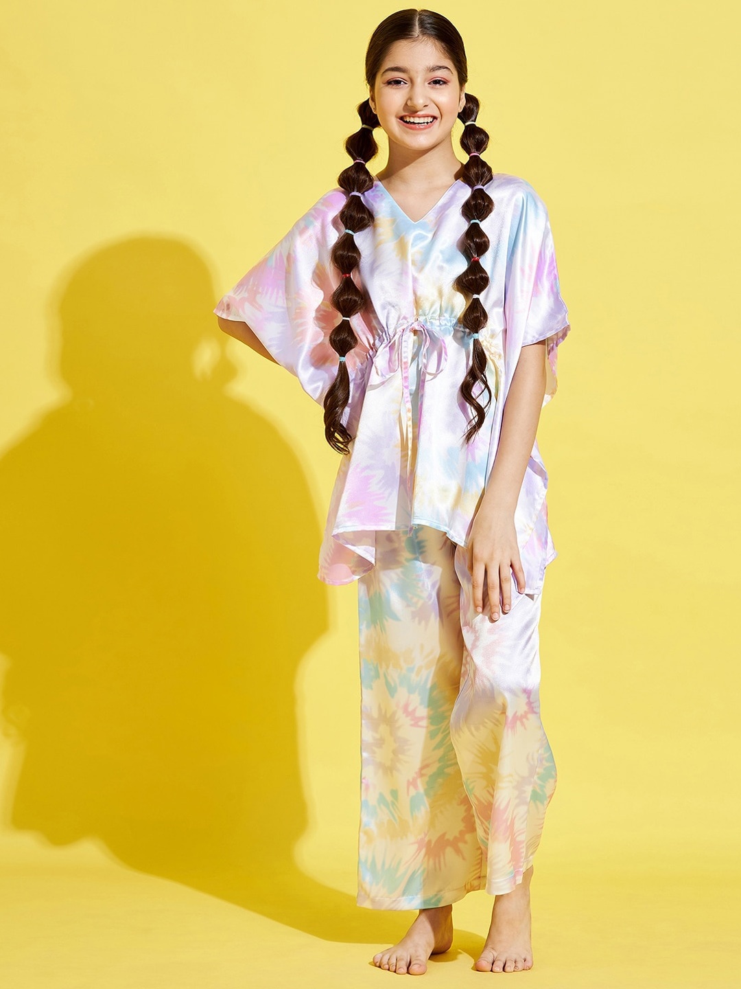 

Cherry & Jerry Girls White & Pink Tie and Dye Printed Kaftan Night suit