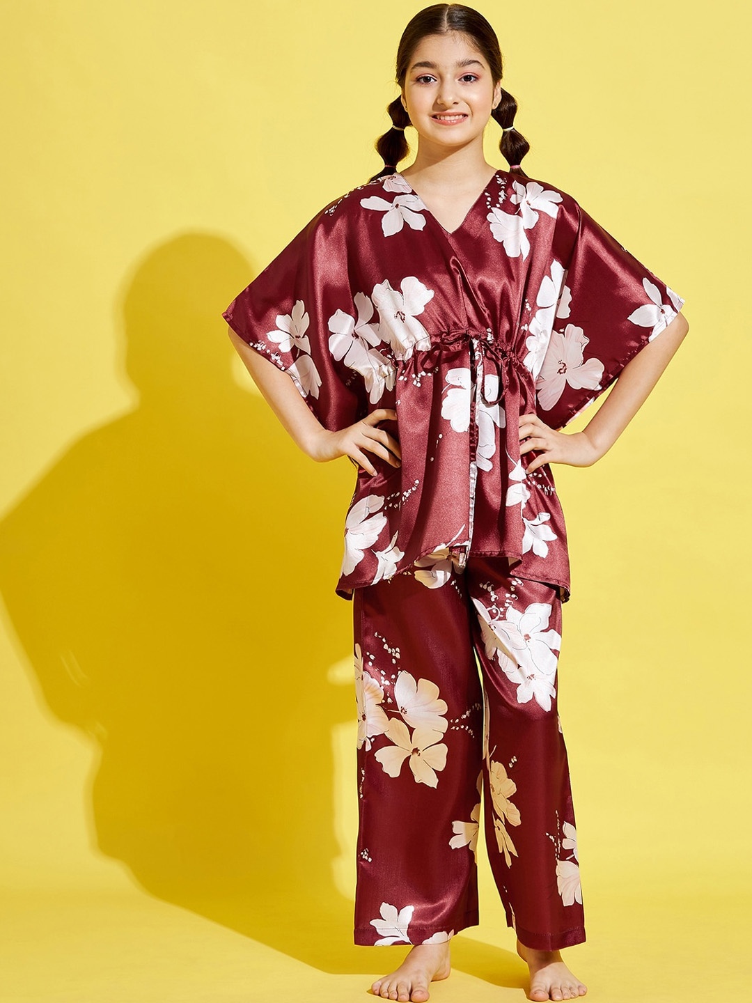 

Cherry & Jerry Girls Maroon & White Printed Satin Kaftan Night suit
