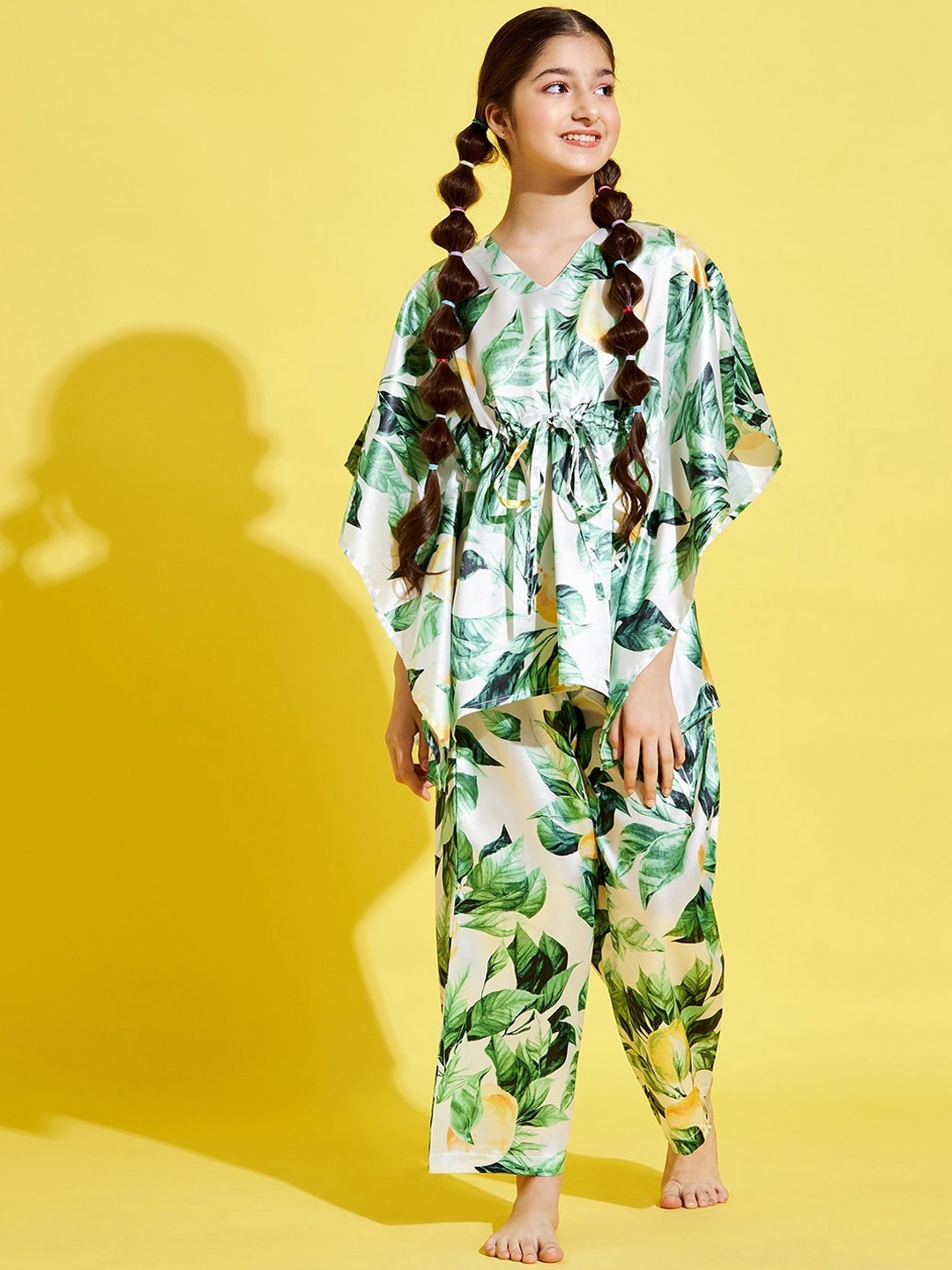 

Cherry & Jerry Girls Cream-Coloured & Green Printed Kaftan Night suit