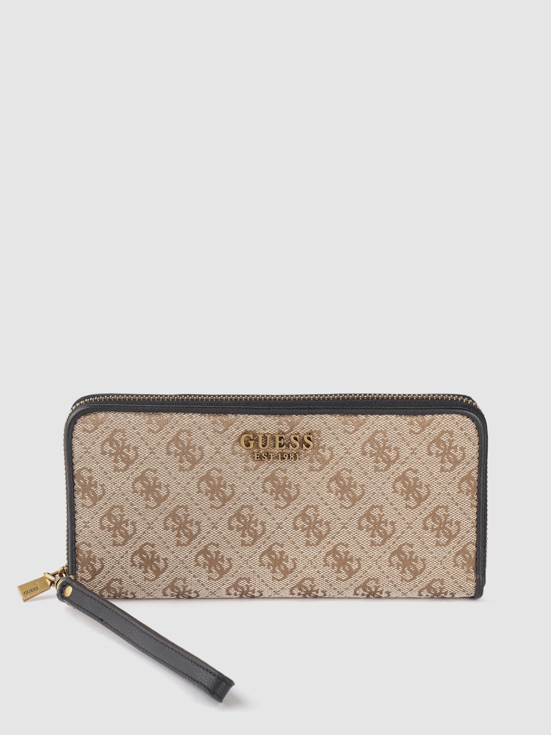 

GUESS Women Beige & Navy Blue Brand Logo Print Zip Around Wallet