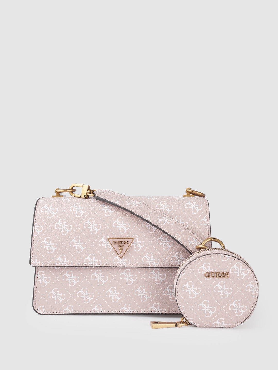 

GUESS Women Pink & White Brand Logo Print Structured Sling Bag