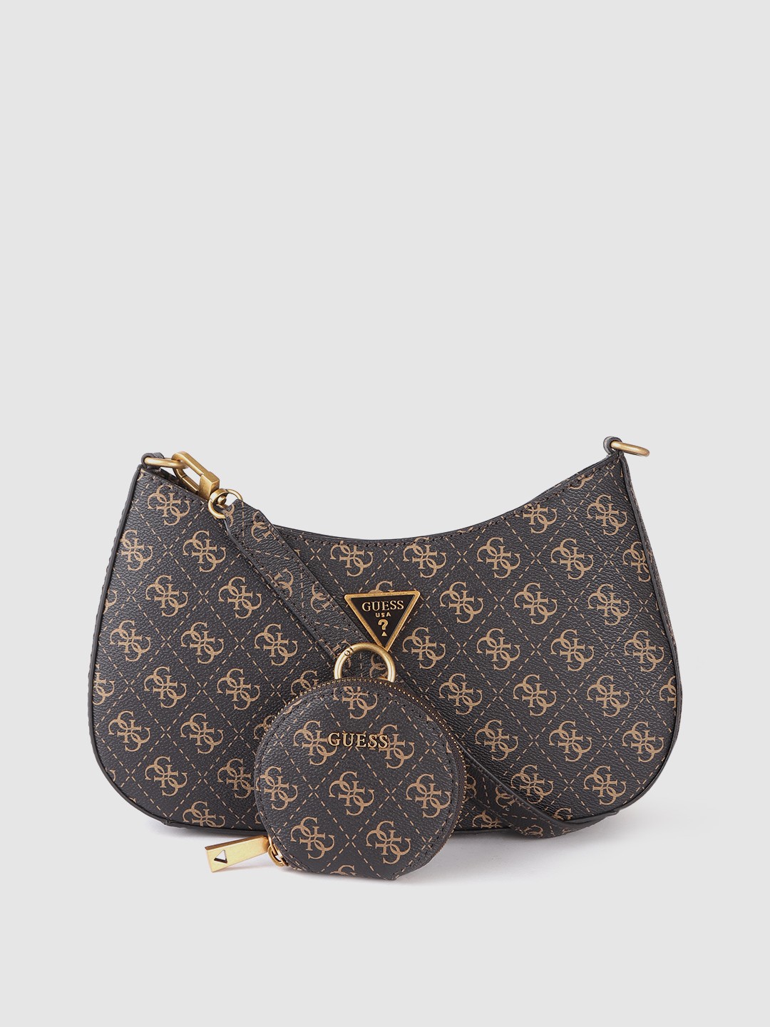 

GUESS Women Coffee Brown Brand Logo Printed Structured Baguette Bag