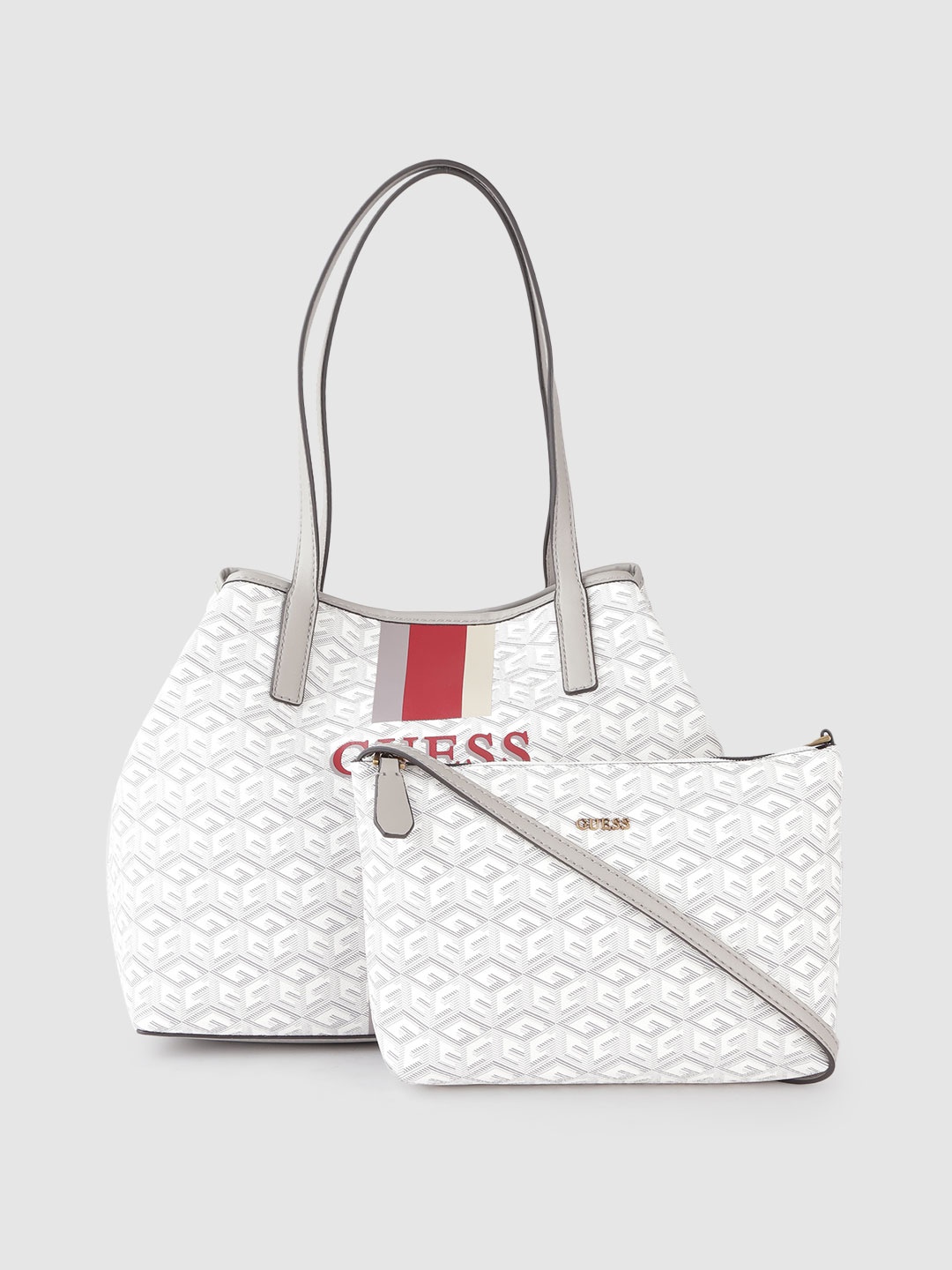 

GUESS Women Grey & White Geometric Printed Structured Shoulder Bag with Pouch