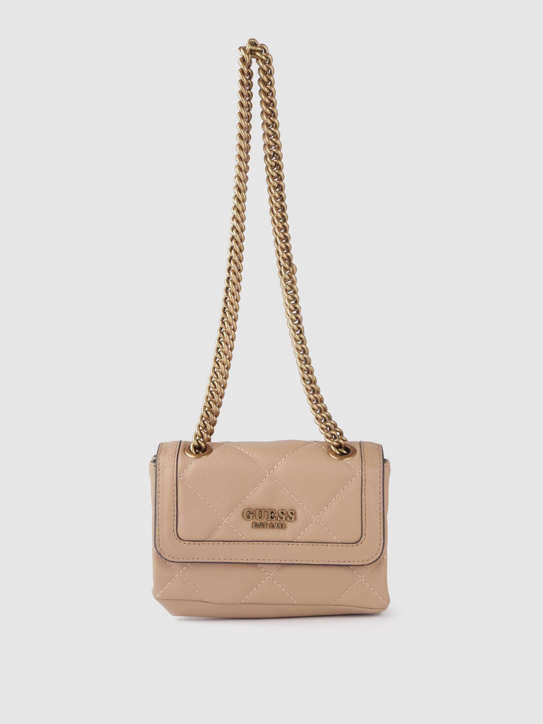 

GUESS Women Beige Solid Structured Quilted Sling Bag