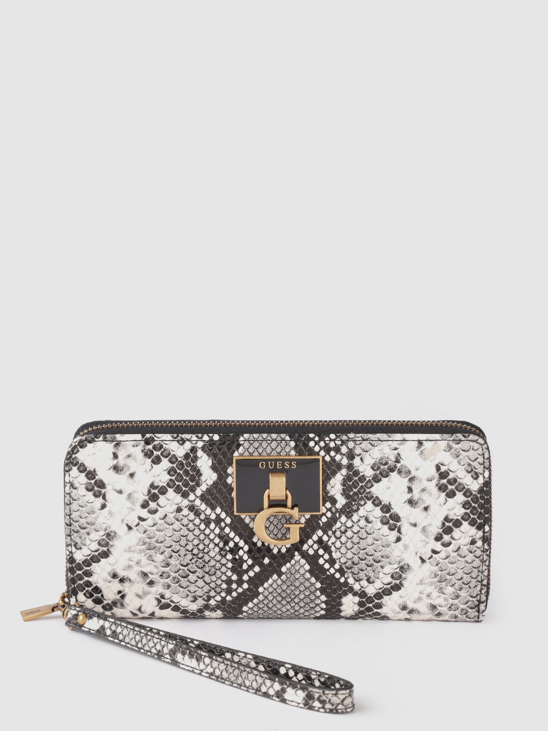 

GUESS Women Black & White Textured Zip Around Wallet