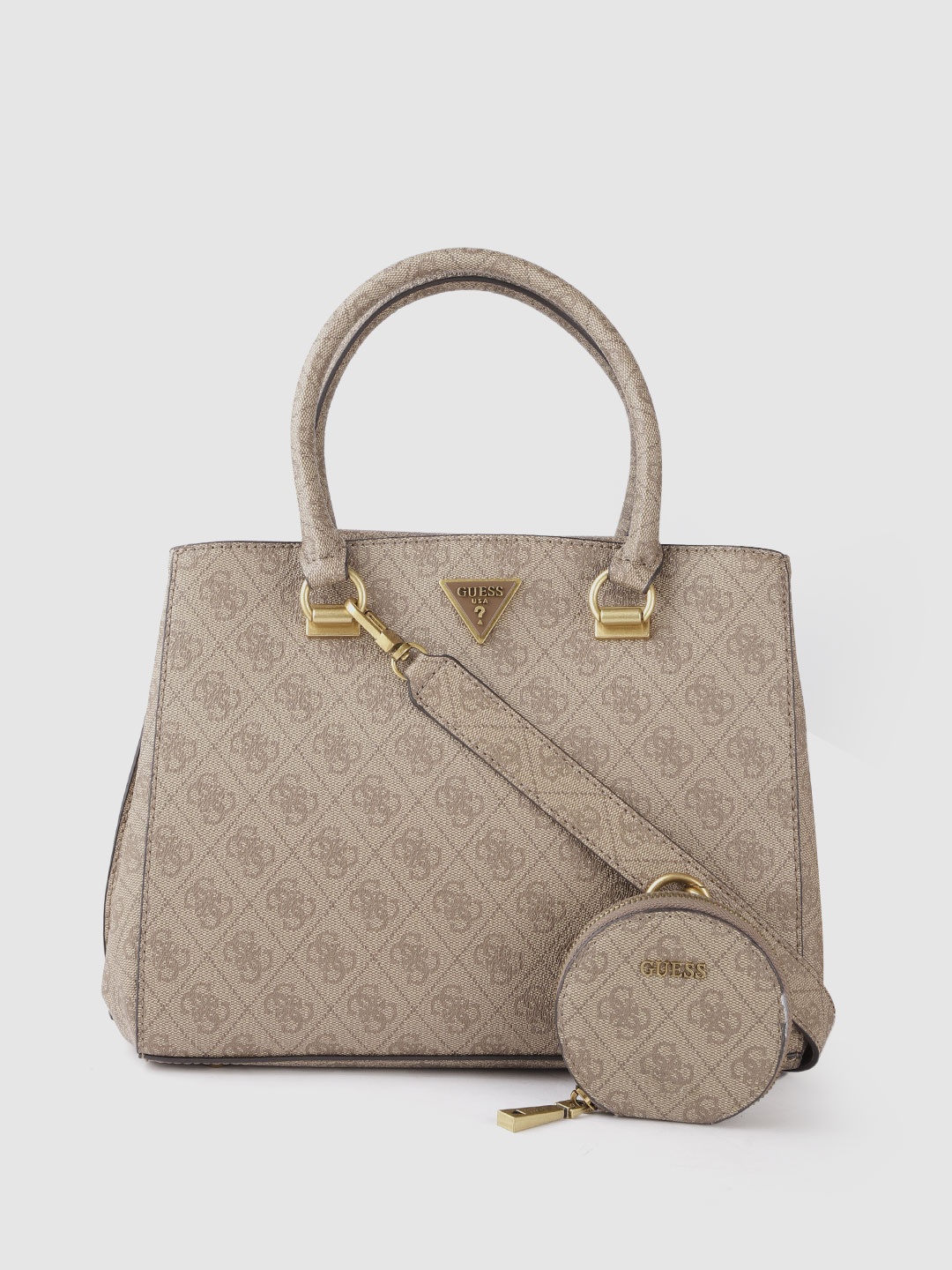 

GUESS Beige Brand Logo Print Structured Handheld Bag with Pouch