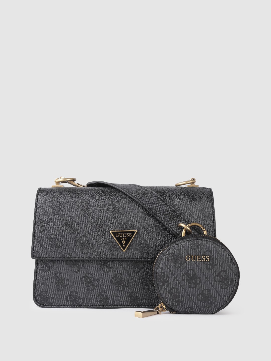 

GUESS Black Brand Logo Print Structured Sling Bag with Pouch