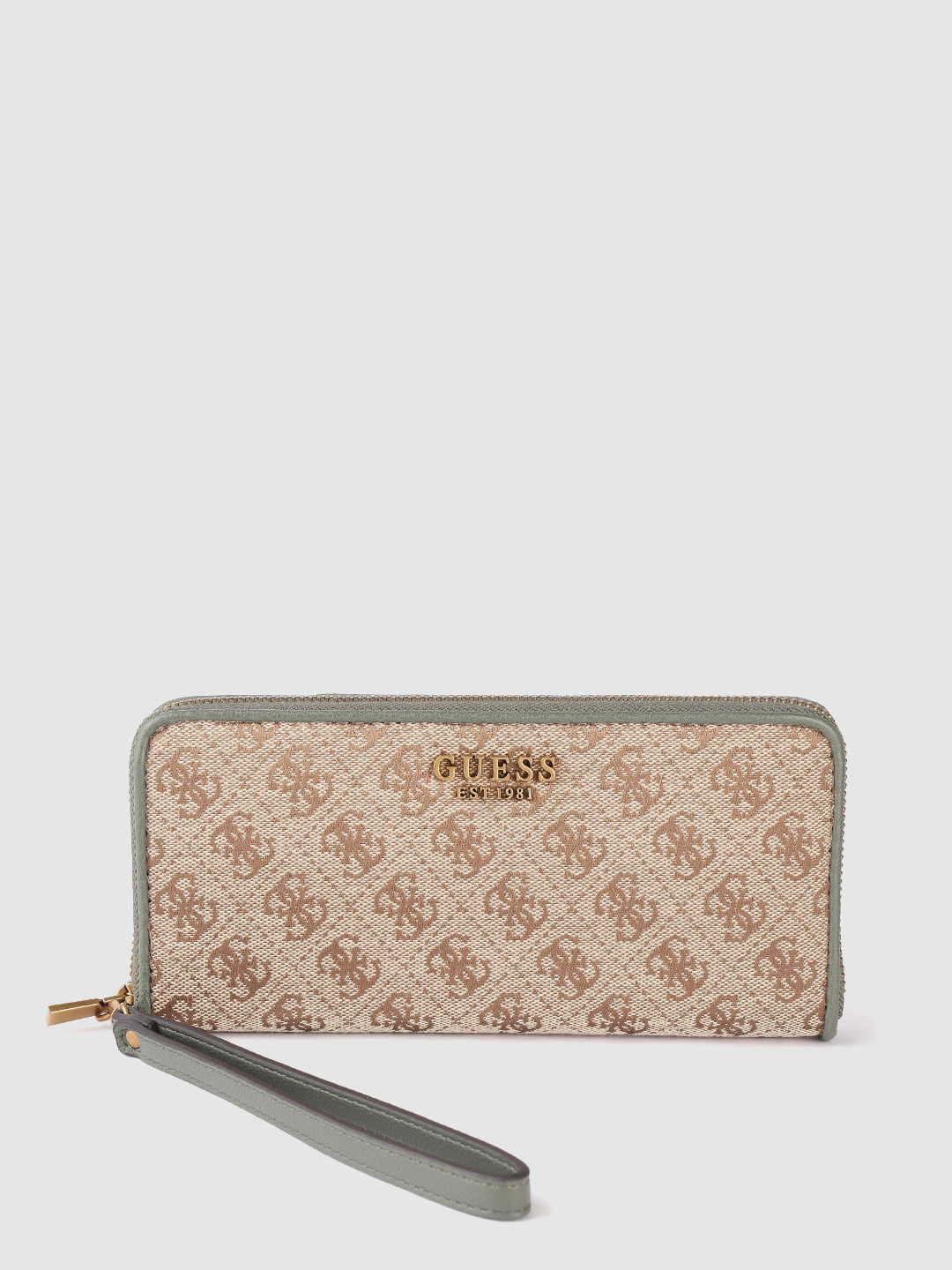 

GUESS Women Beige & Olive Brand Logo Print Zip Around Wallet