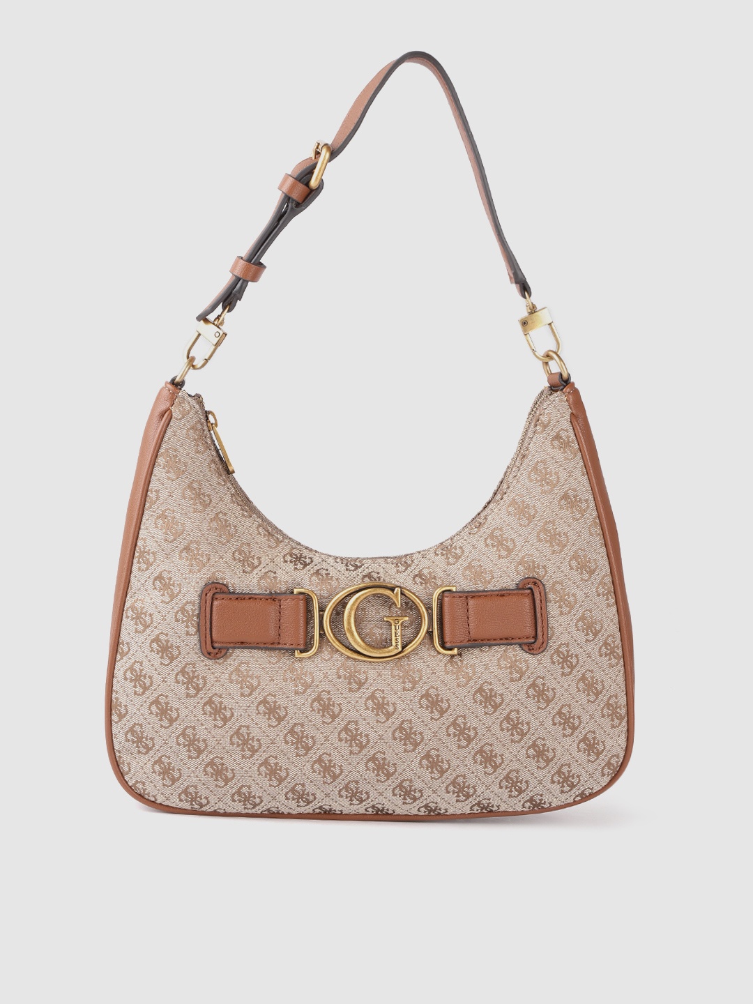 

GUESS Beige Brand Logo Print Structured Baguette Bag