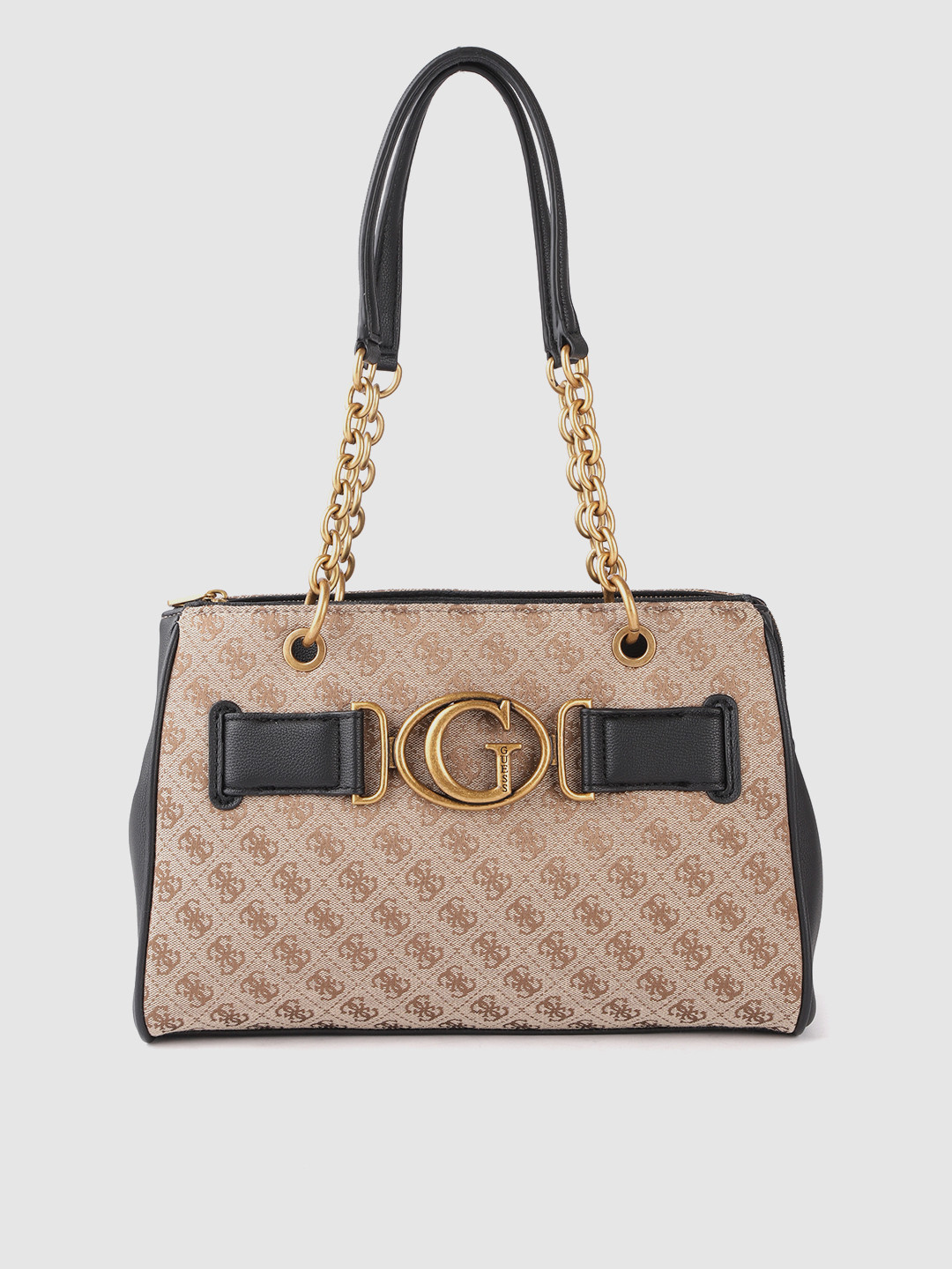 

GUESS Women Black & Beige Brand Logo Print Structured Shoulder Bag