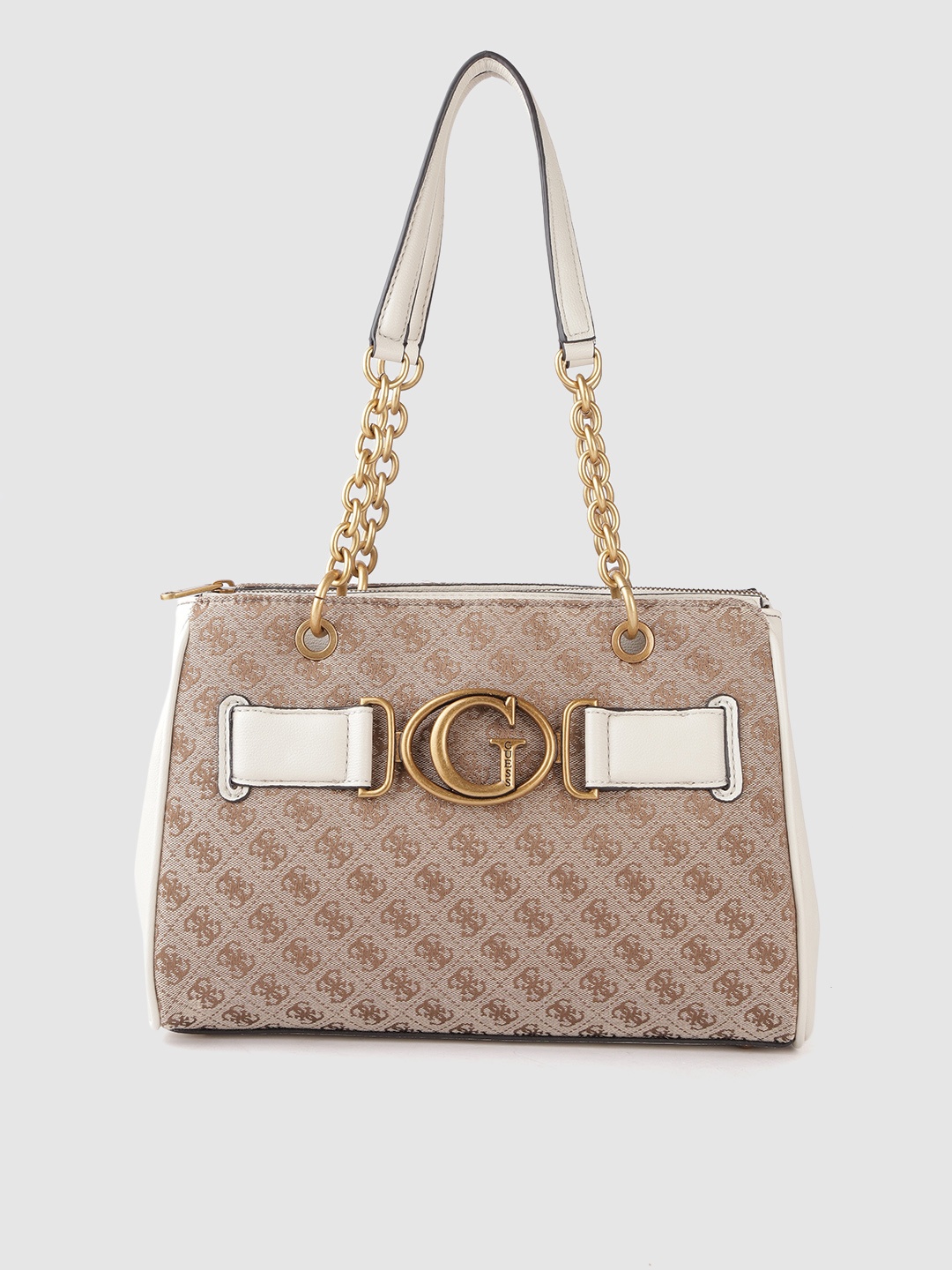 

GUESS Women White & Beige Brand Logo Print Structured Shoulder Bag