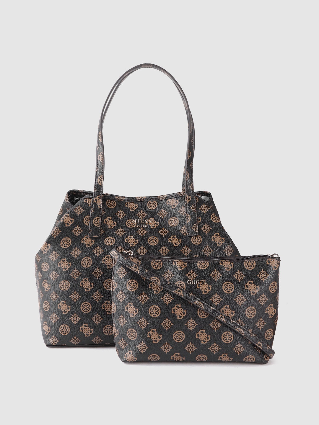 

GUESS Women Black & Brown Brand Logo Print Structured Shoulder Bag