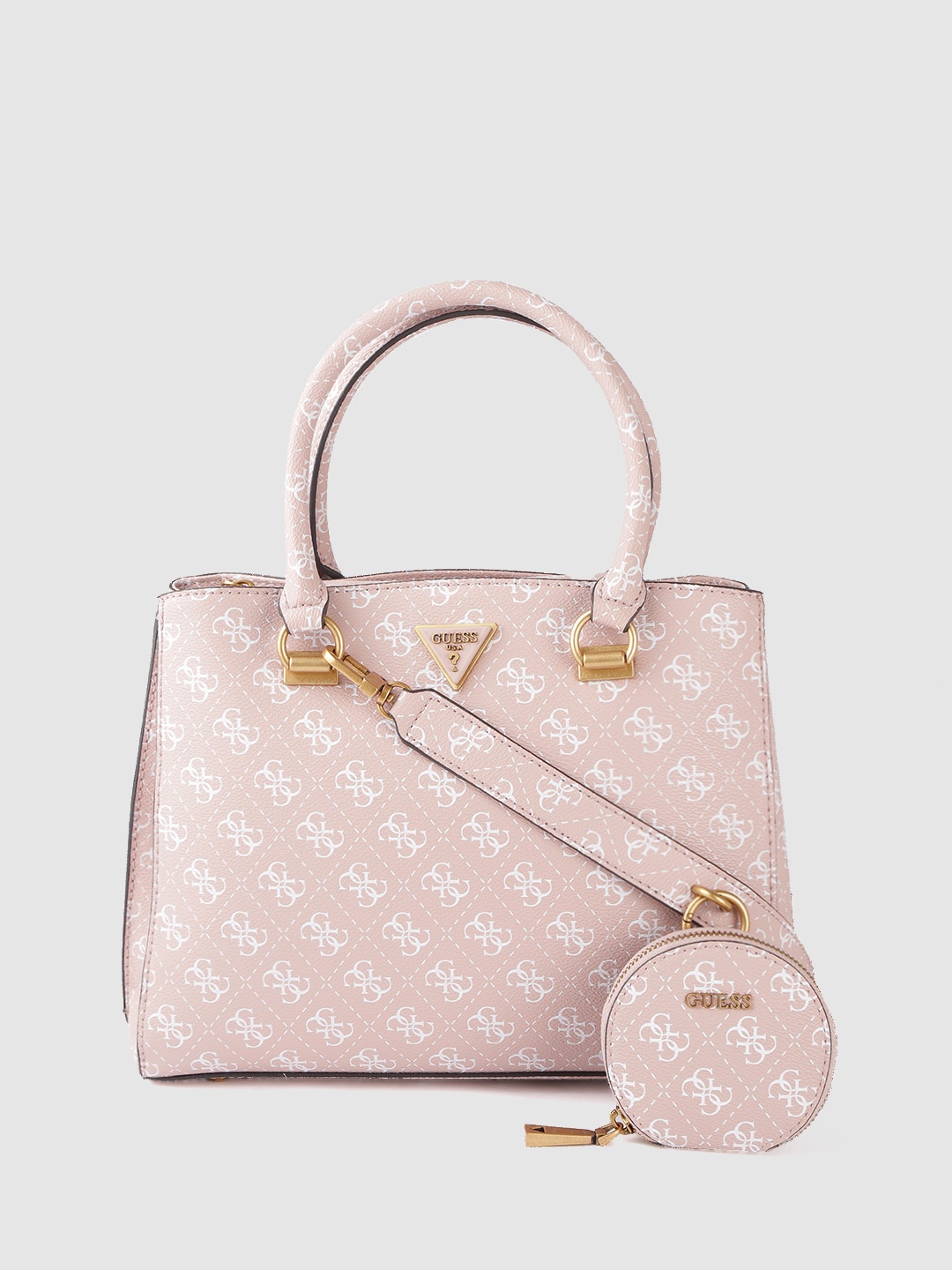 

GUESS Women Pink & White Brand Logo Print Structured Handheld Bag
