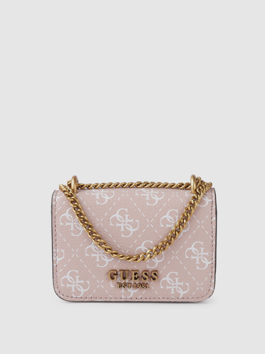 

GUESS Women Pink & White Brand Logo Print Structured Sling Bag