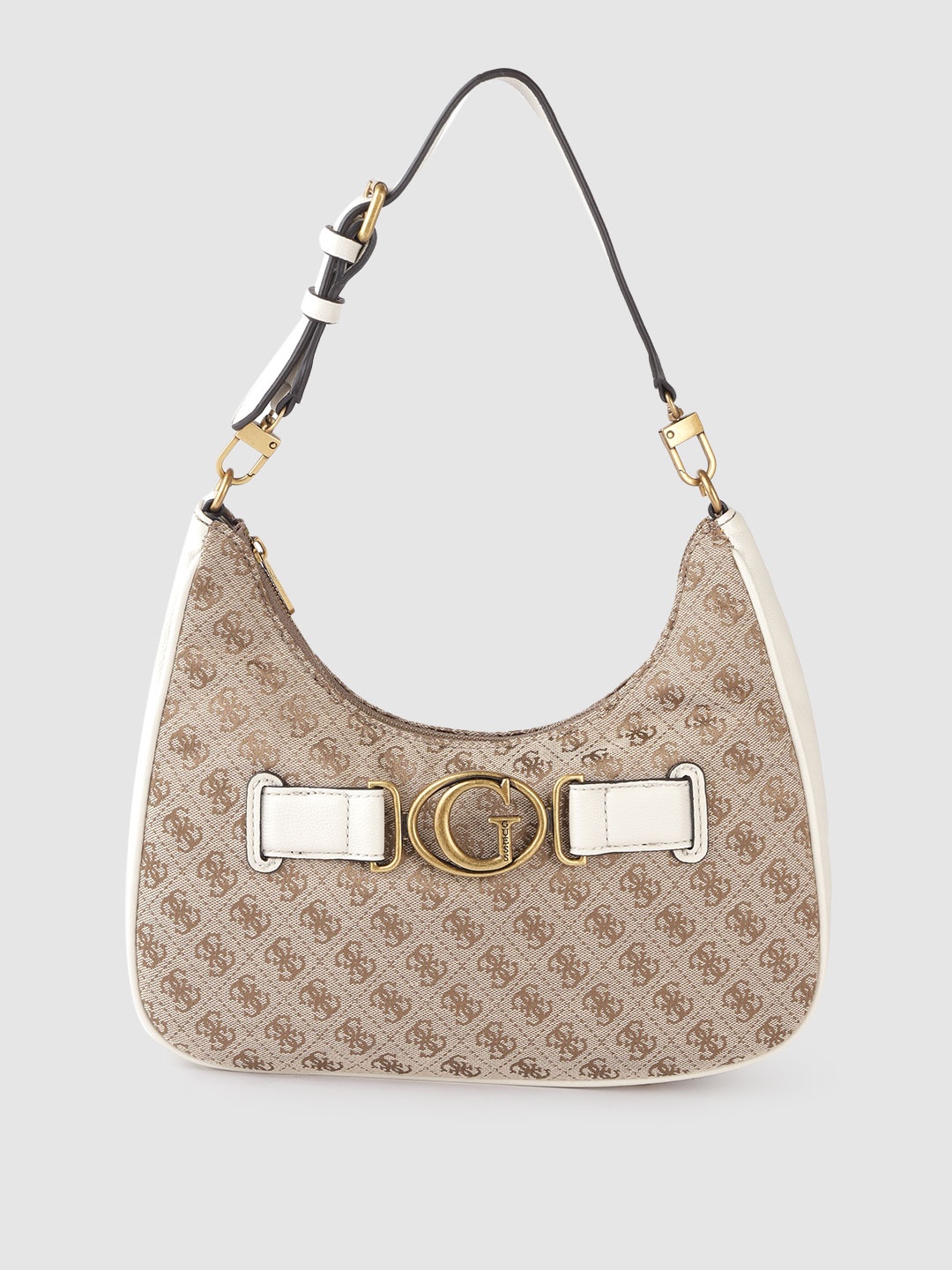 

GUESS Women Beige & Off white Brand Logo Print Structured Shoulder Bag