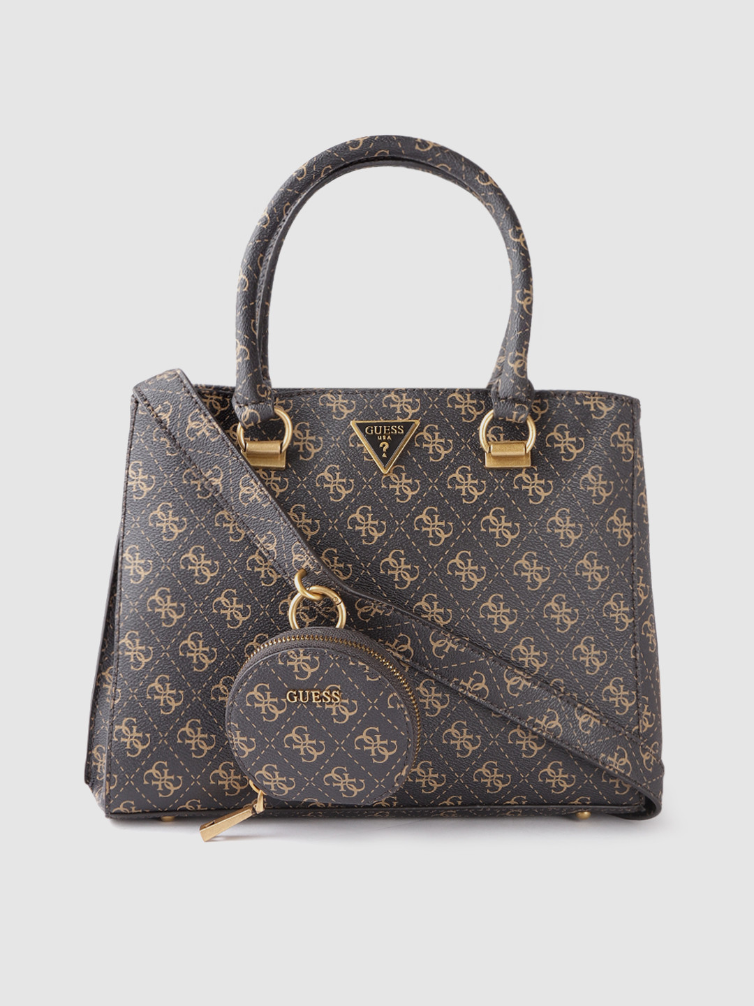 

GUESS Women Coffee Brown Brand Logo Printed Structured Handheld Bag