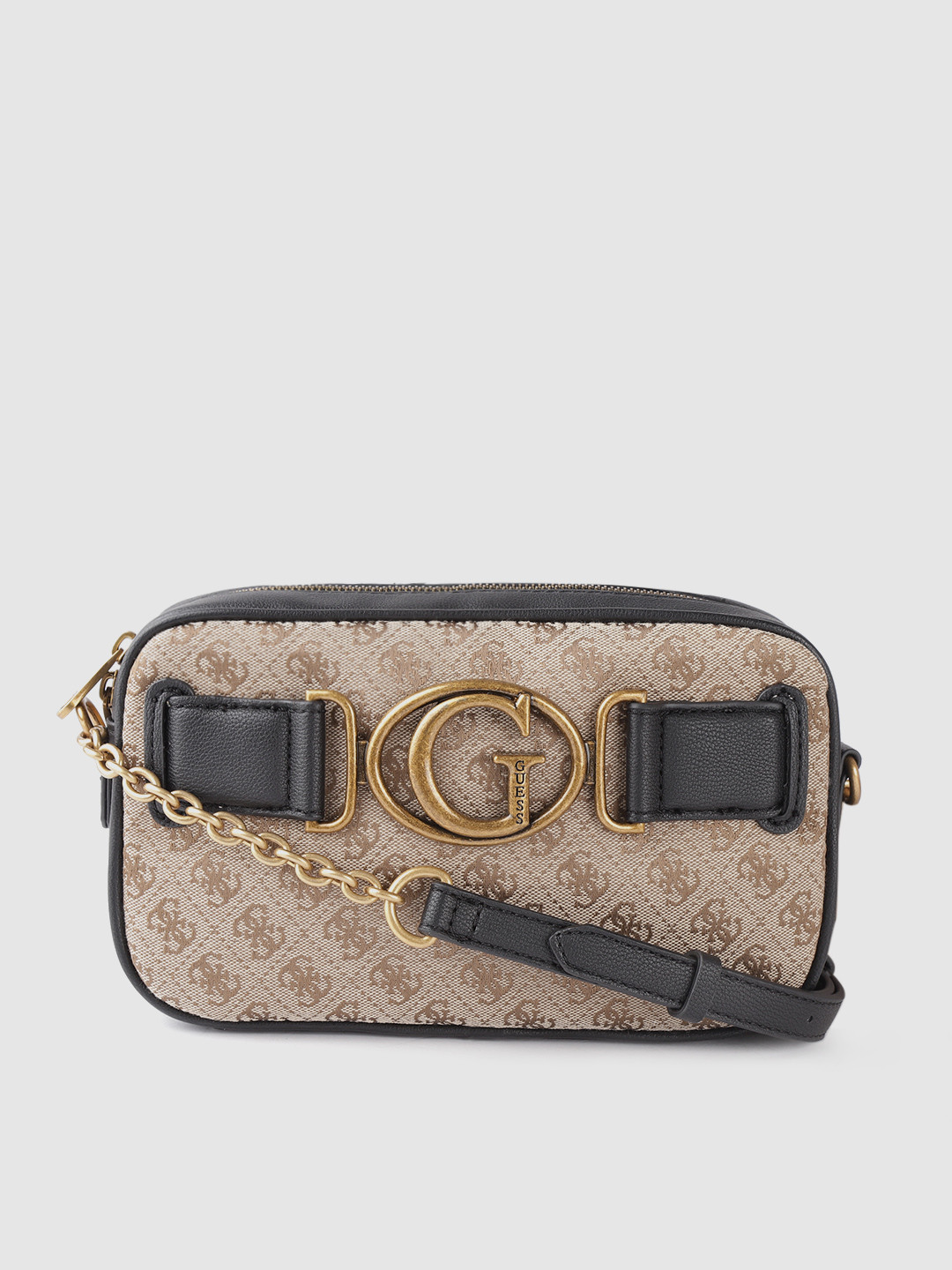 

GUESS Women Beige & Black Brand Logo Print Structured Sling Bag