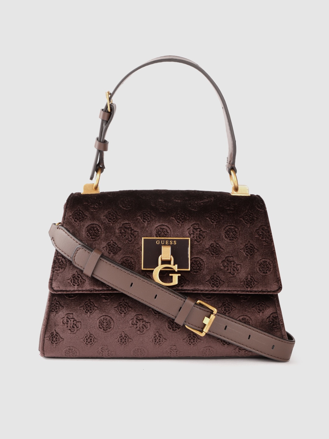 

GUESS Women Coffee Brown Textured Structured Handheld Bag